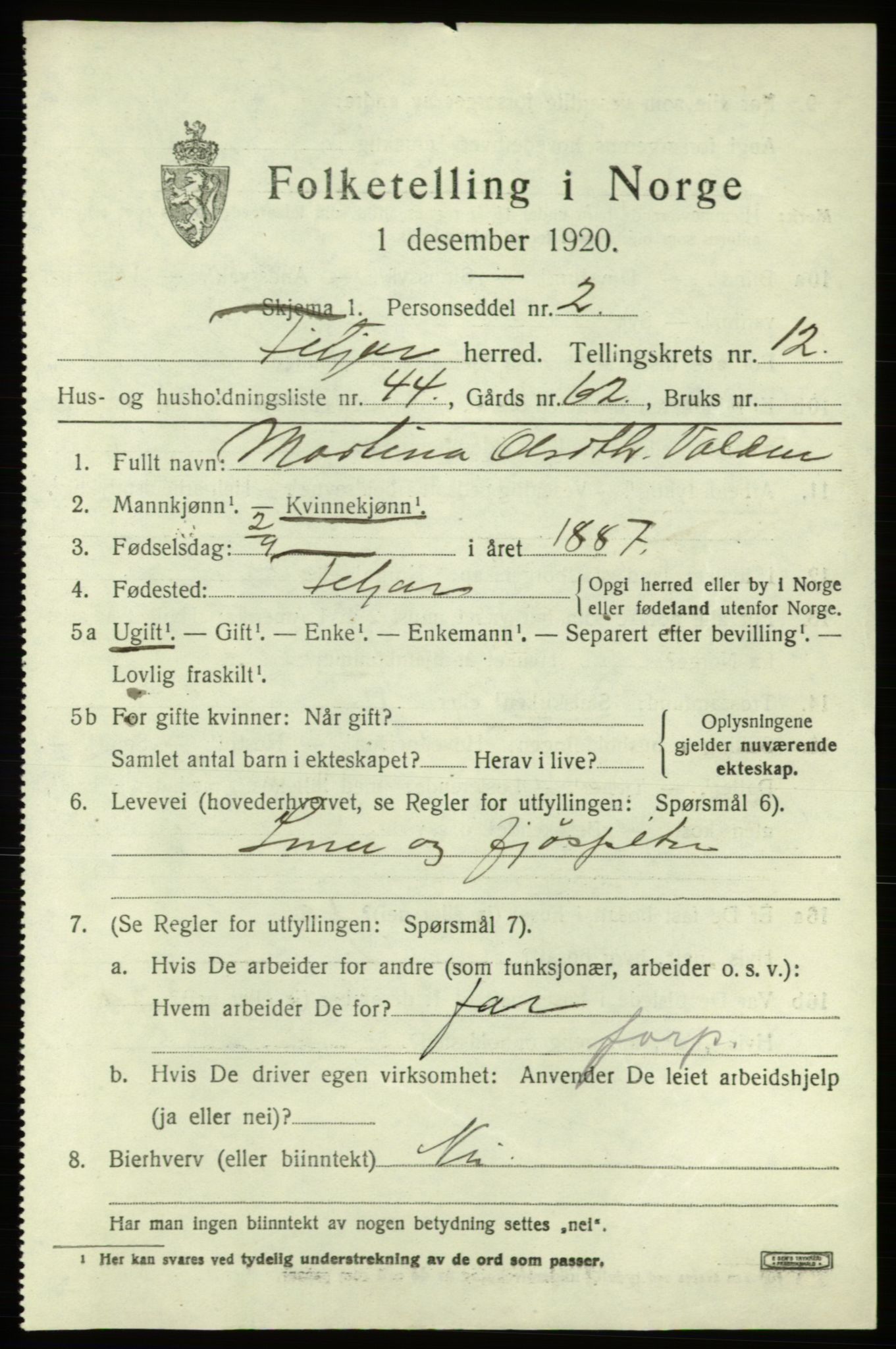 SAB, 1920 census for Fitjar, 1920, p. 5072