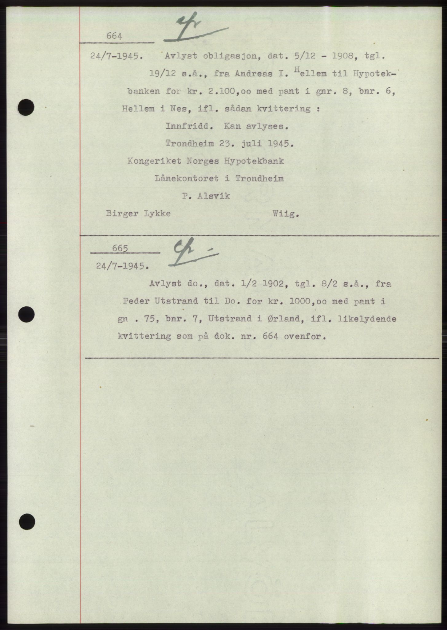 Fosen sorenskriveri, AV/SAT-A-1107/1/2/2C: Mortgage book no. B1, 1943-1946, Diary no: : 664/1945