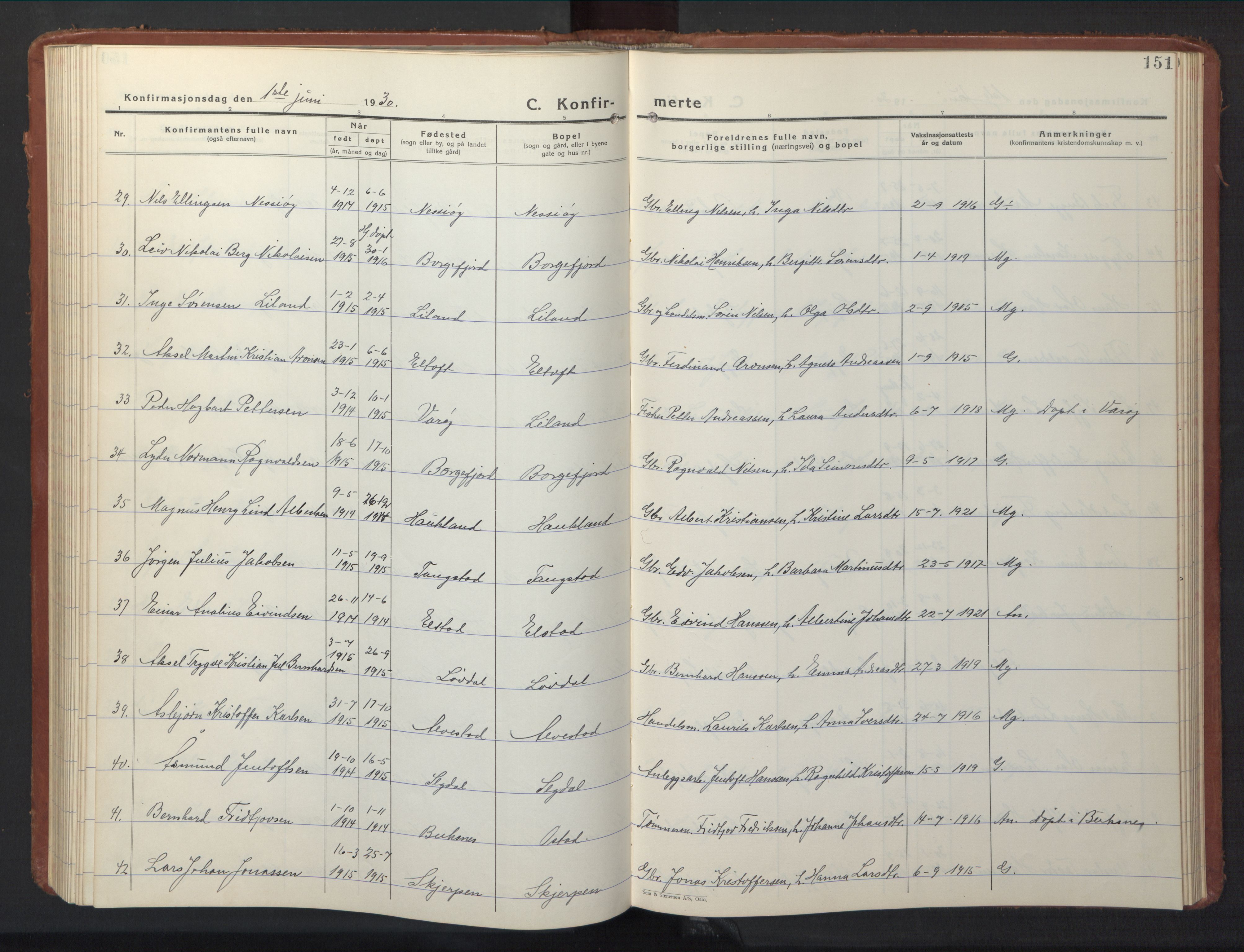 Ministerialprotokoller, klokkerbøker og fødselsregistre - Nordland, AV/SAT-A-1459/880/L1143: Parish register (copy) no. 880C05, 1929-1951, p. 151