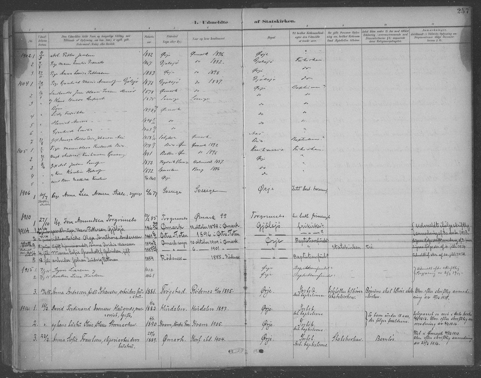 Aremark prestekontor Kirkebøker, SAO/A-10899/F/Fb/L0005: Parish register (official) no. II 5, 1895-1919, p. 257