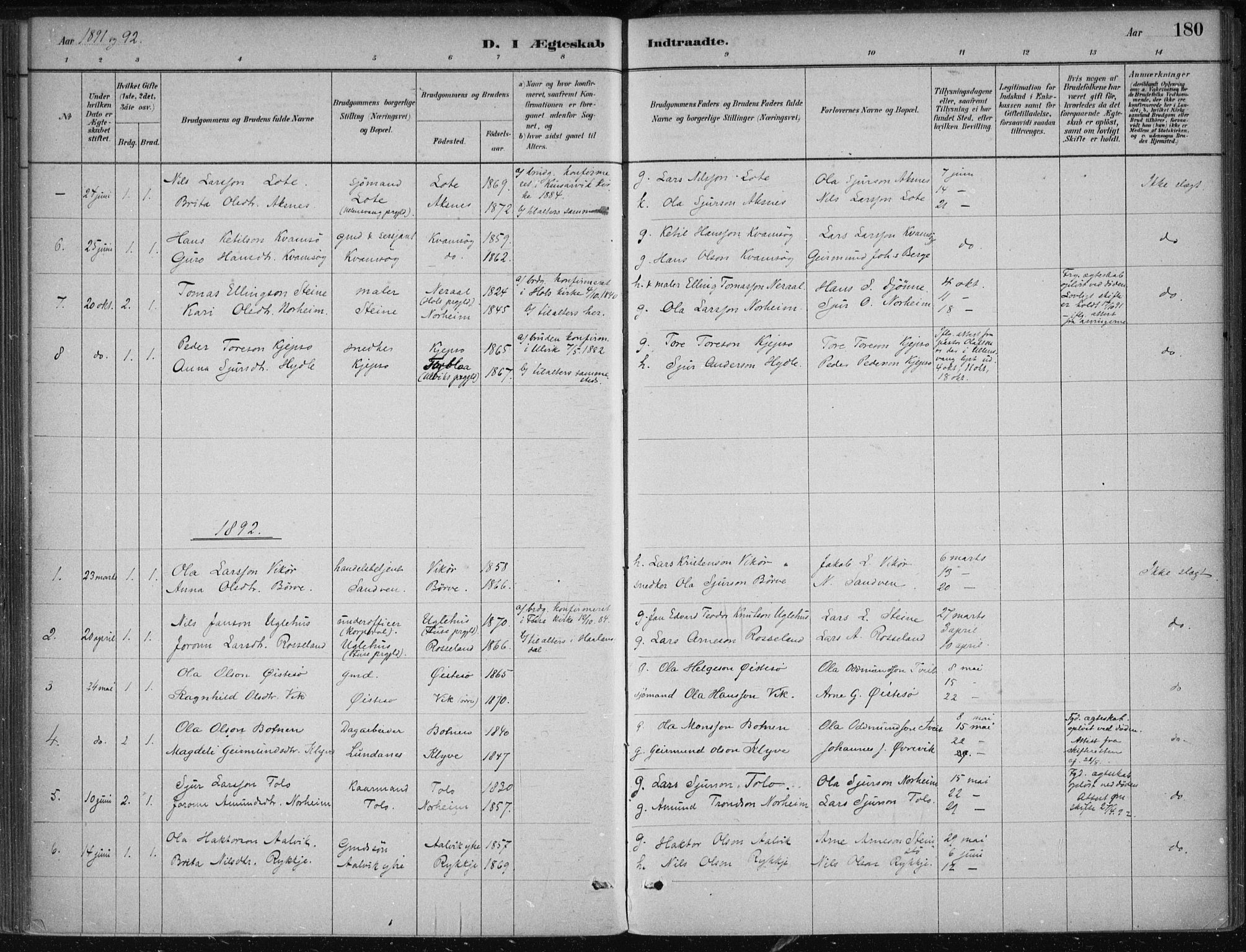 Kvam sokneprestembete, SAB/A-76201/H/Haa: Parish register (official) no. B  1, 1880-1908, p. 180
