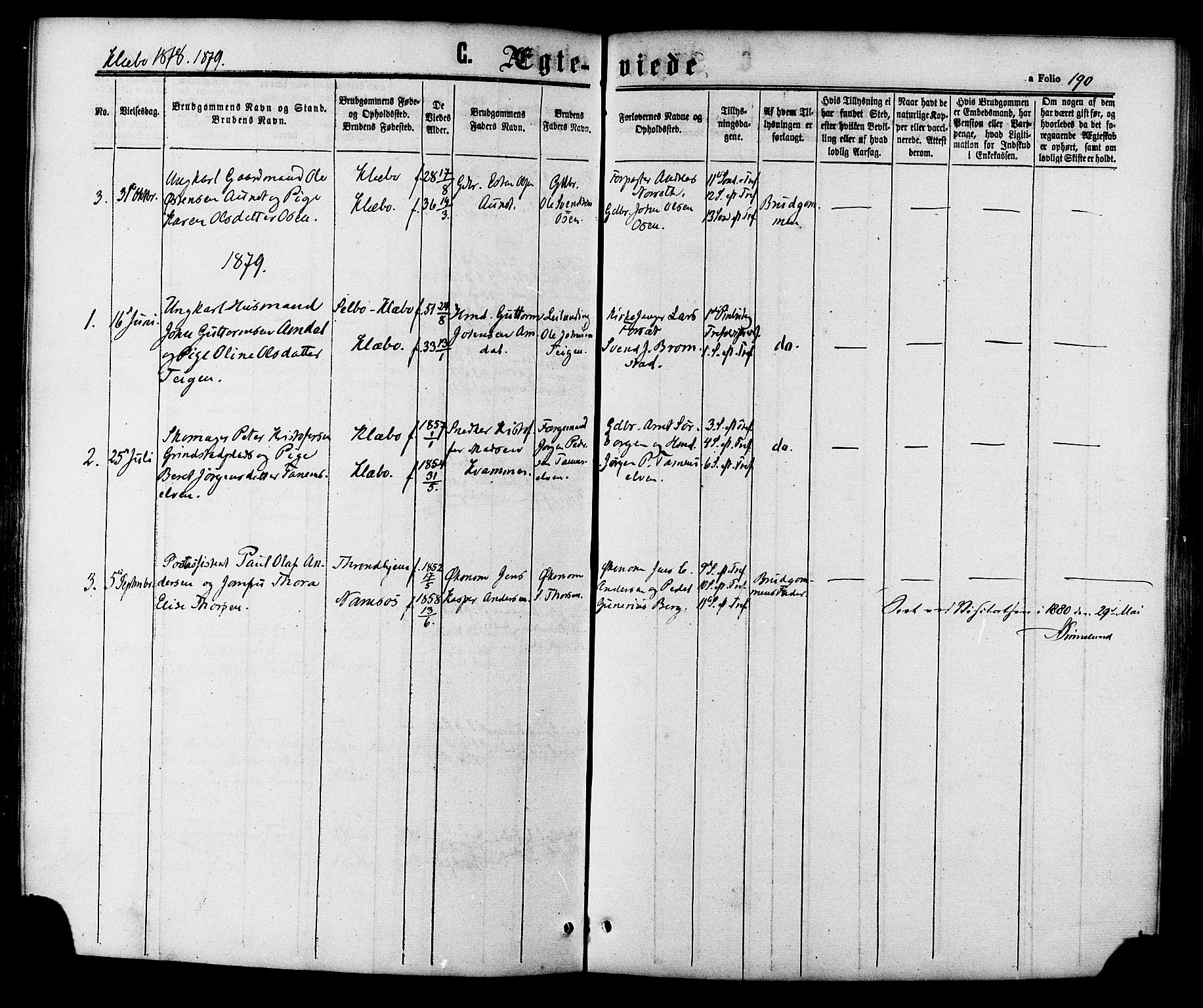 Ministerialprotokoller, klokkerbøker og fødselsregistre - Sør-Trøndelag, AV/SAT-A-1456/618/L0442: Parish register (official) no. 618A06 /1, 1863-1879, p. 190