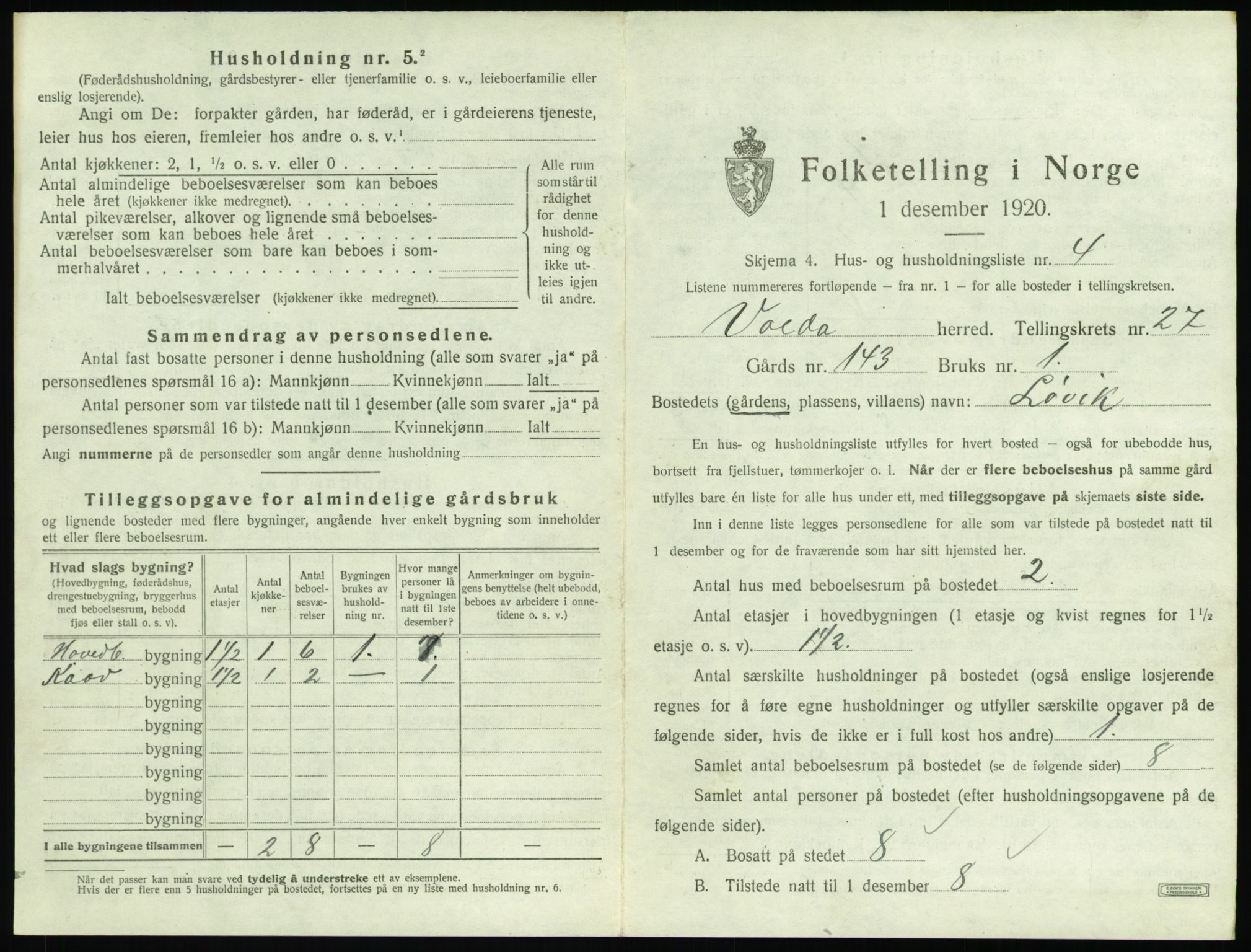 SAT, 1920 census for Volda, 1920, p. 1696