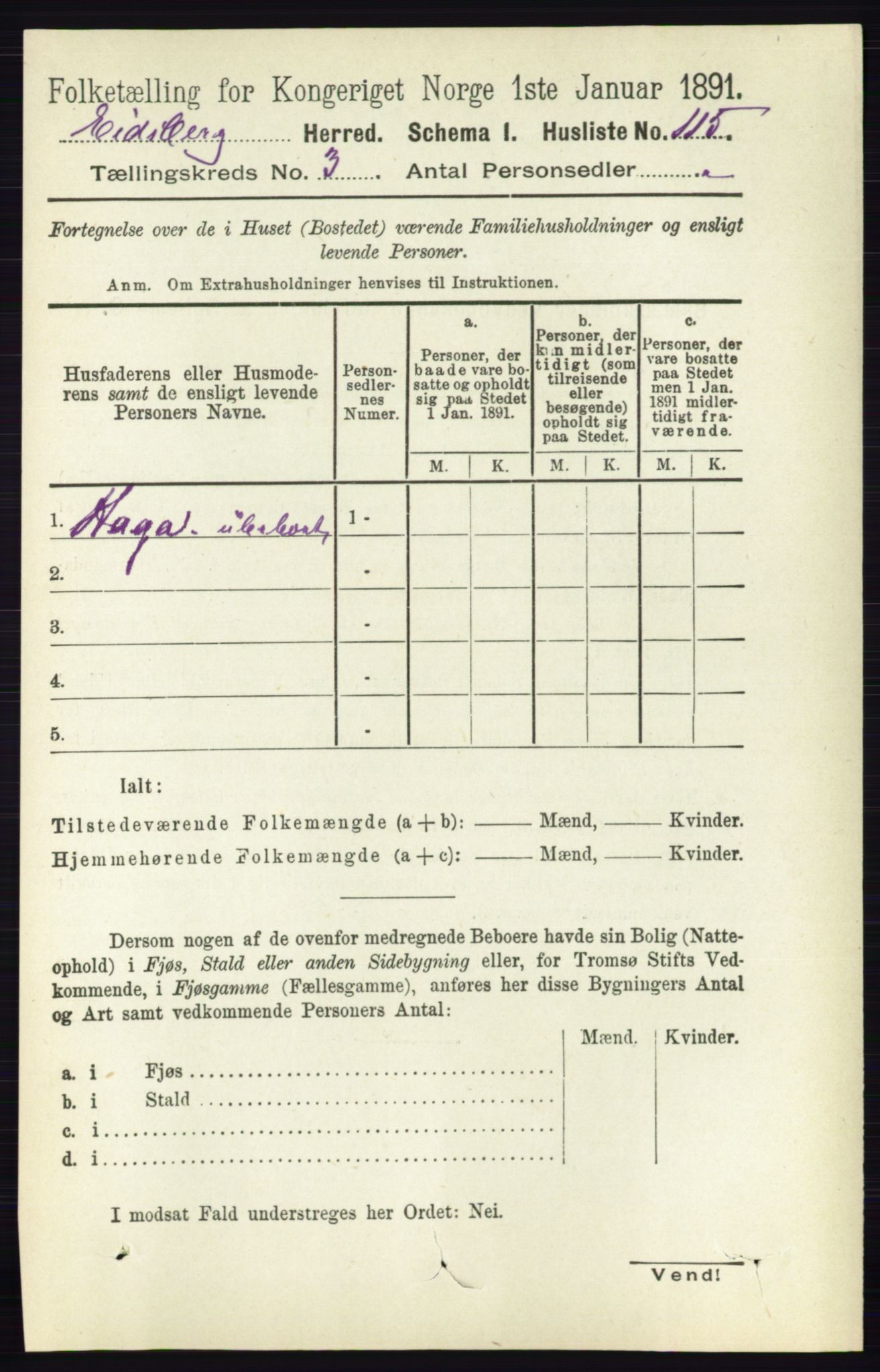 RA, 1891 census for 0125 Eidsberg, 1891, p. 1451