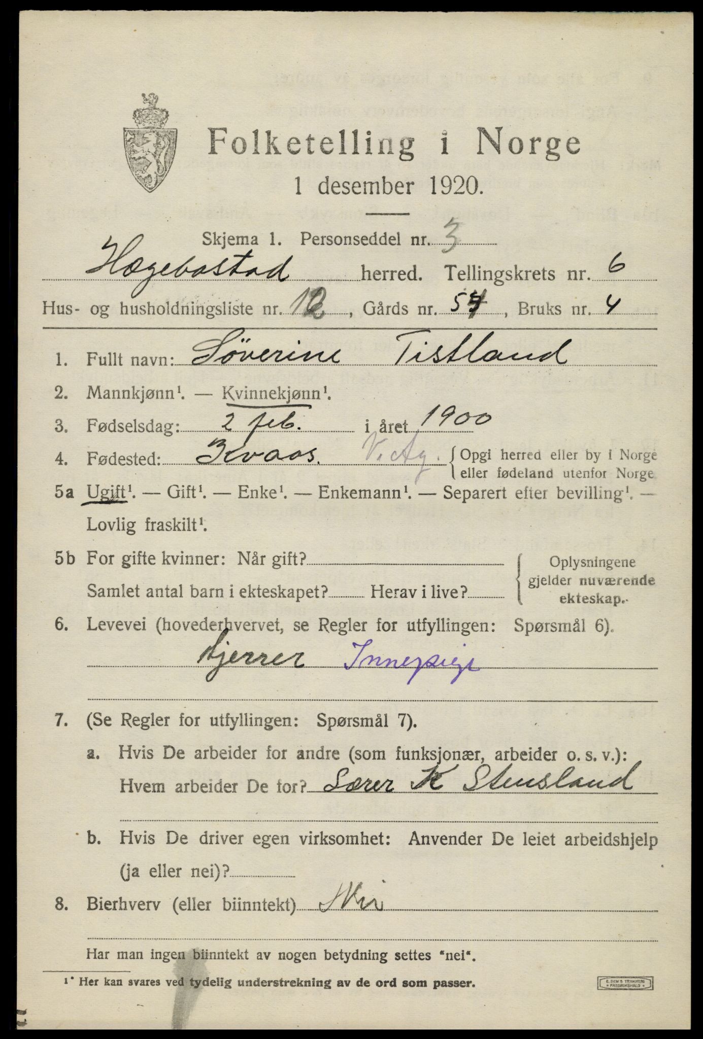 SAK, 1920 census for Hægebostad, 1920, p. 2085