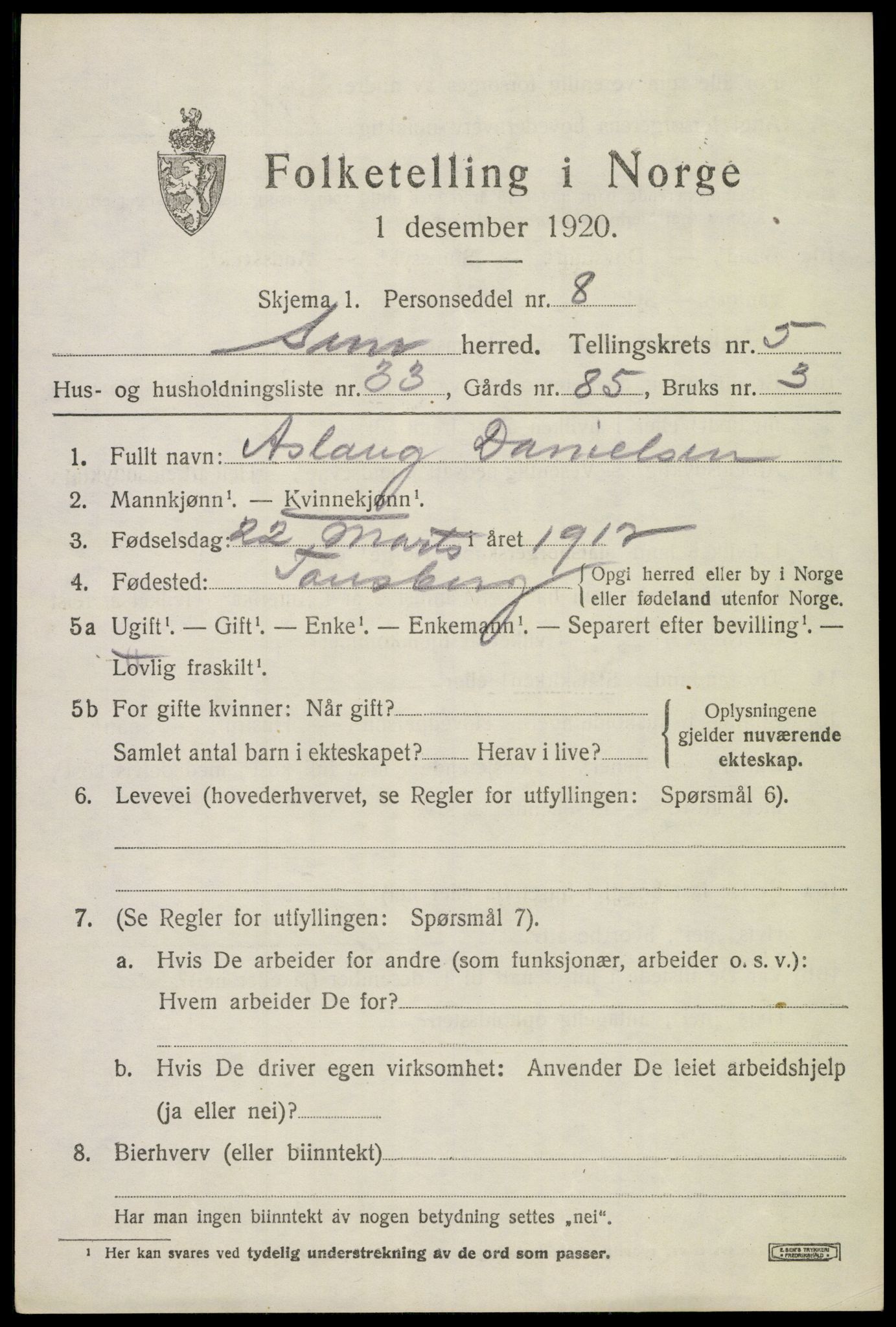 SAKO, 1920 census for Sem, 1920, p. 8169
