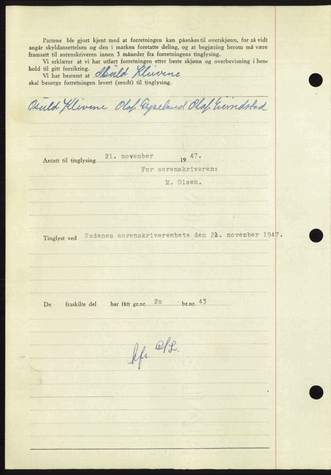 Nedenes sorenskriveri, AV/SAK-1221-0006/G/Gb/Gba/L0058: Mortgage book no. A10, 1947-1948, Diary no: : 1718/1947