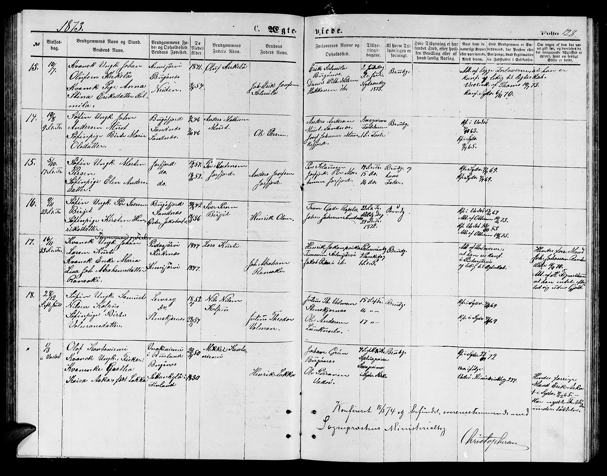 Sør-Varanger sokneprestkontor, SATØ/S-1331/H/Hb/L0002klokker: Parish register (copy) no. 2, 1873-1877, p. 128