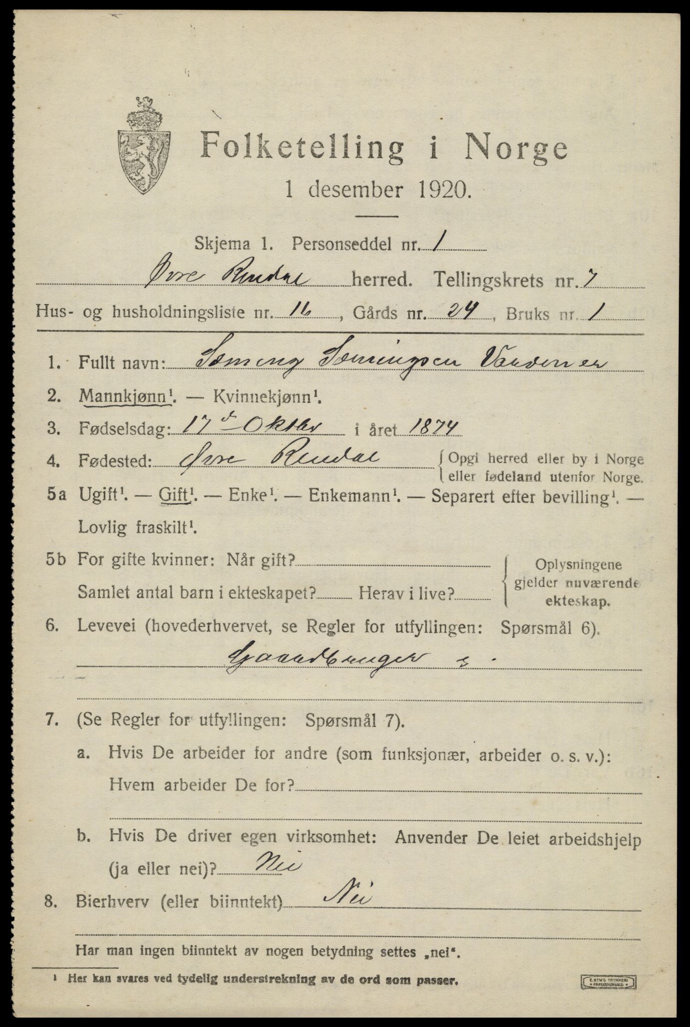 SAH, 1920 census for Øvre Rendal, 1920, p. 2571