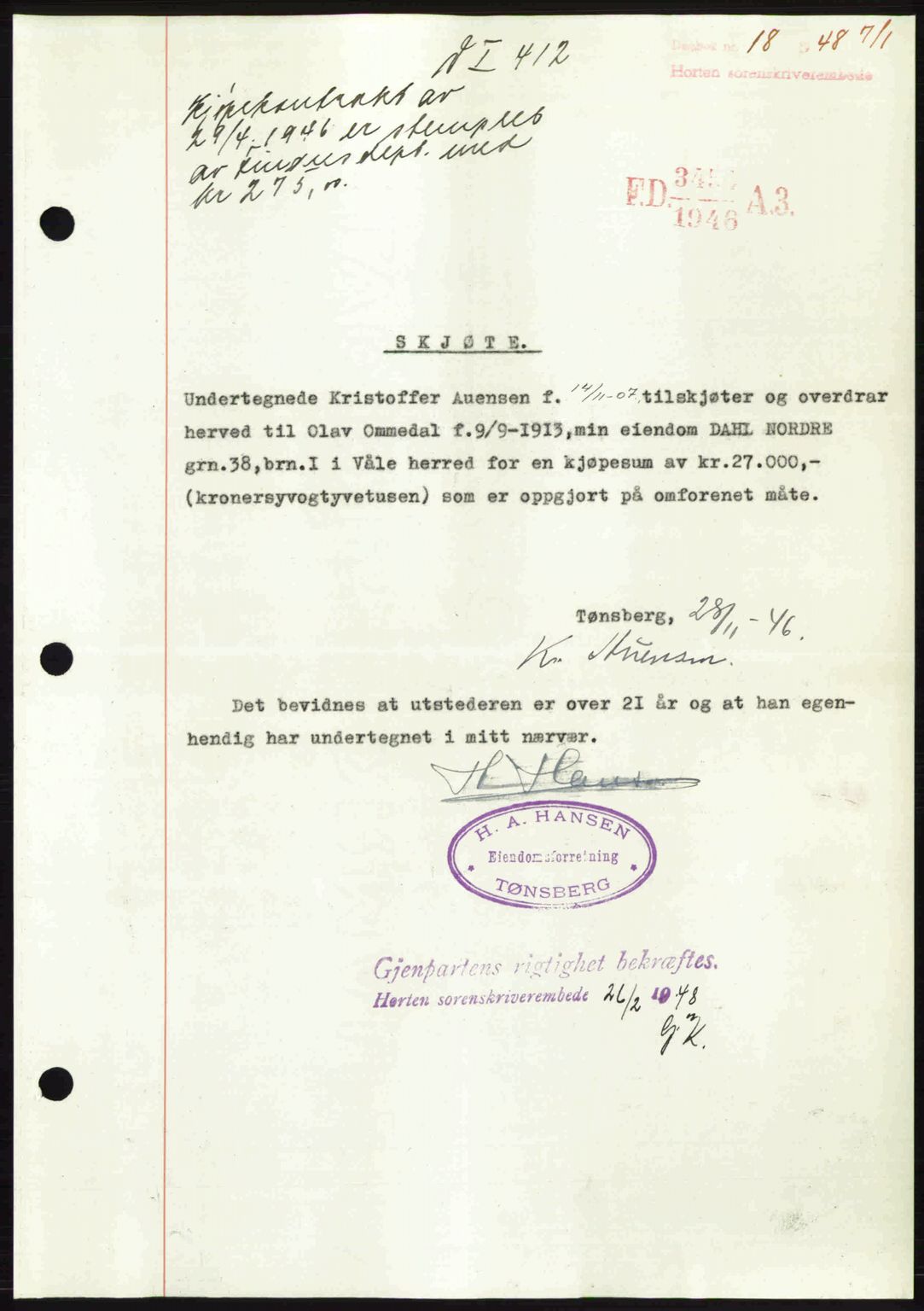 Horten sorenskriveri, AV/SAKO-A-133/G/Ga/Gaa/L0010: Mortgage book no. A-10, 1947-1948, Diary no: : 18/1948