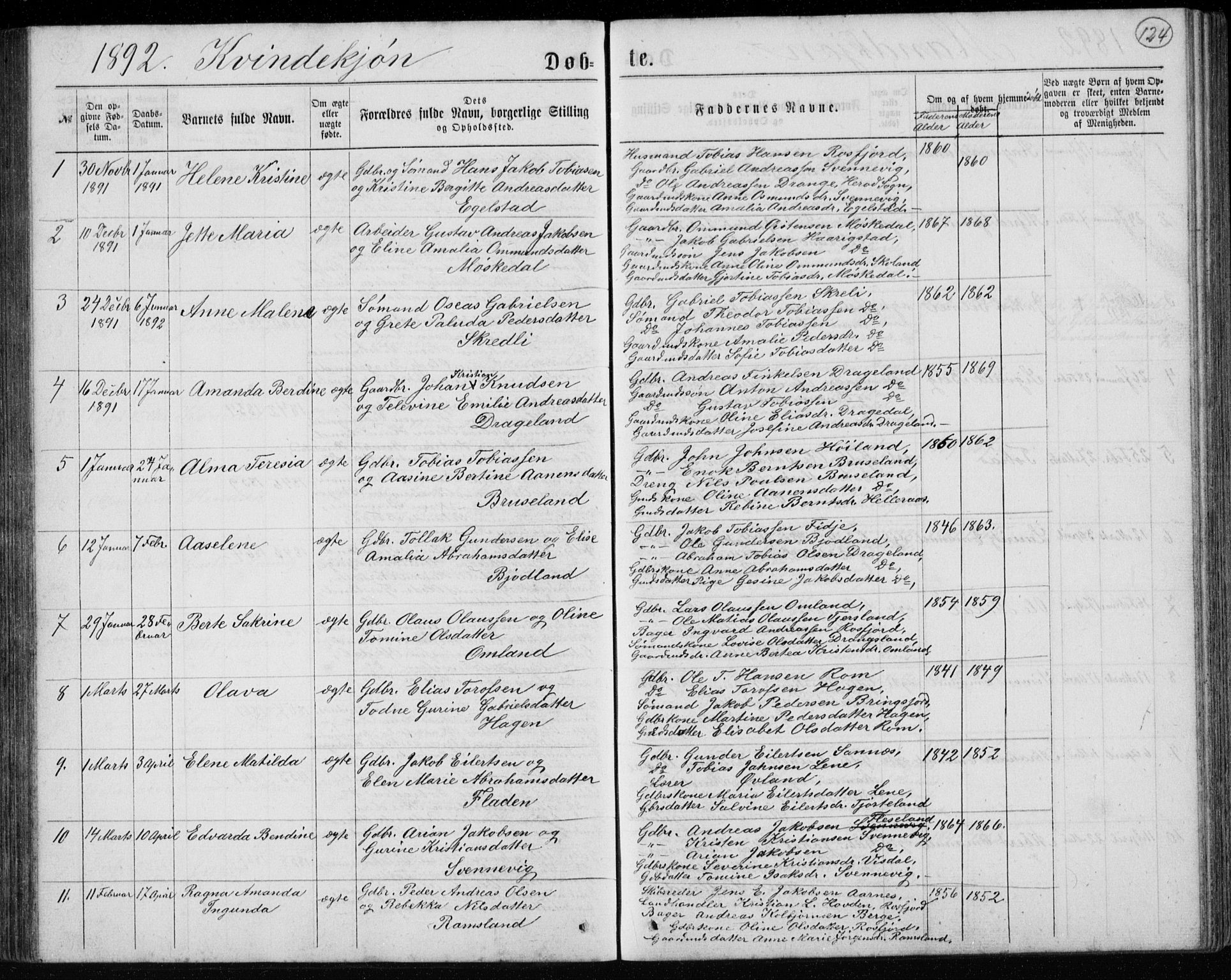 Lyngdal sokneprestkontor, AV/SAK-1111-0029/F/Fb/Fbc/L0004: Parish register (copy) no. B 4, 1878-1896, p. 124