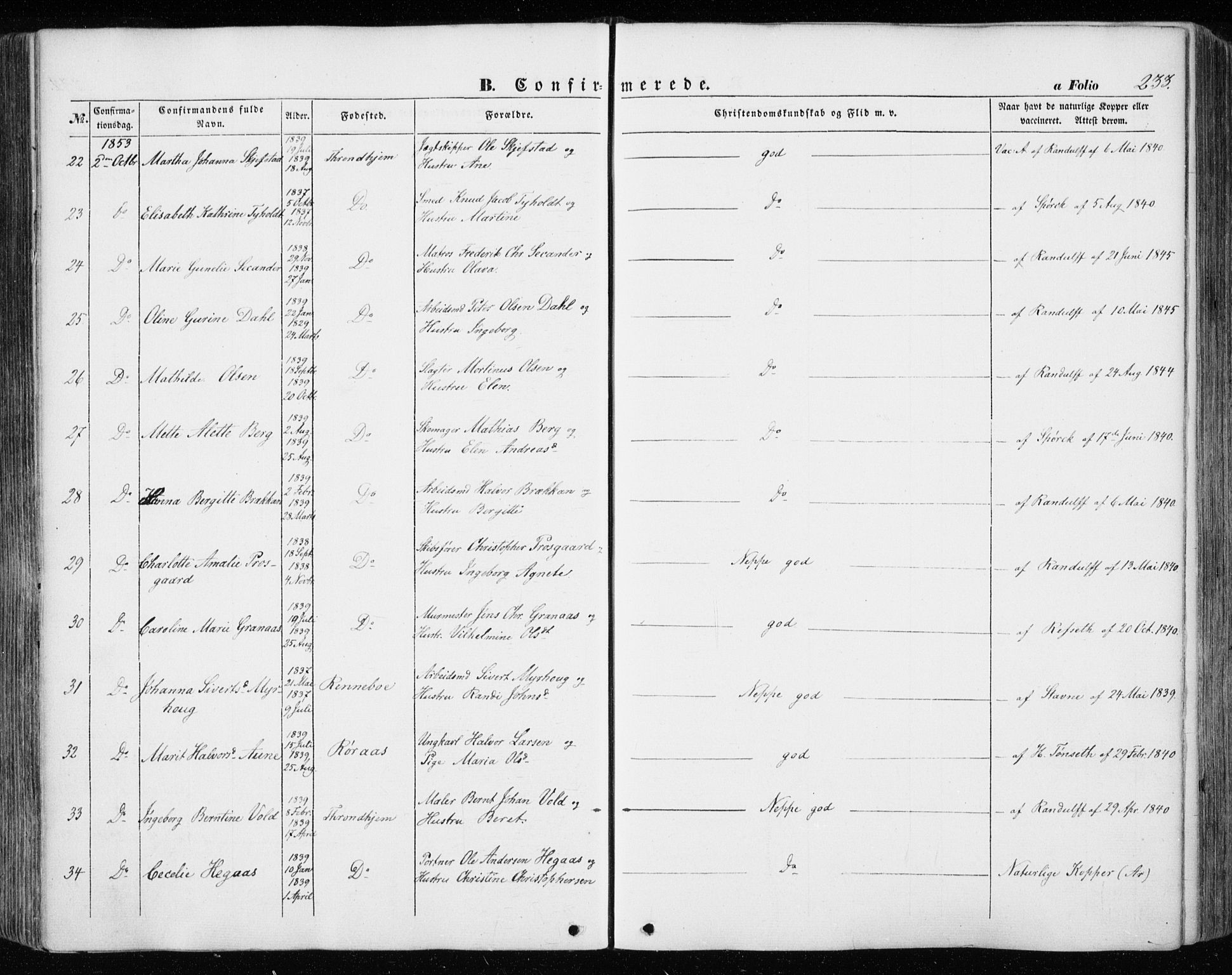 Ministerialprotokoller, klokkerbøker og fødselsregistre - Sør-Trøndelag, SAT/A-1456/601/L0051: Parish register (official) no. 601A19, 1848-1857, p. 233