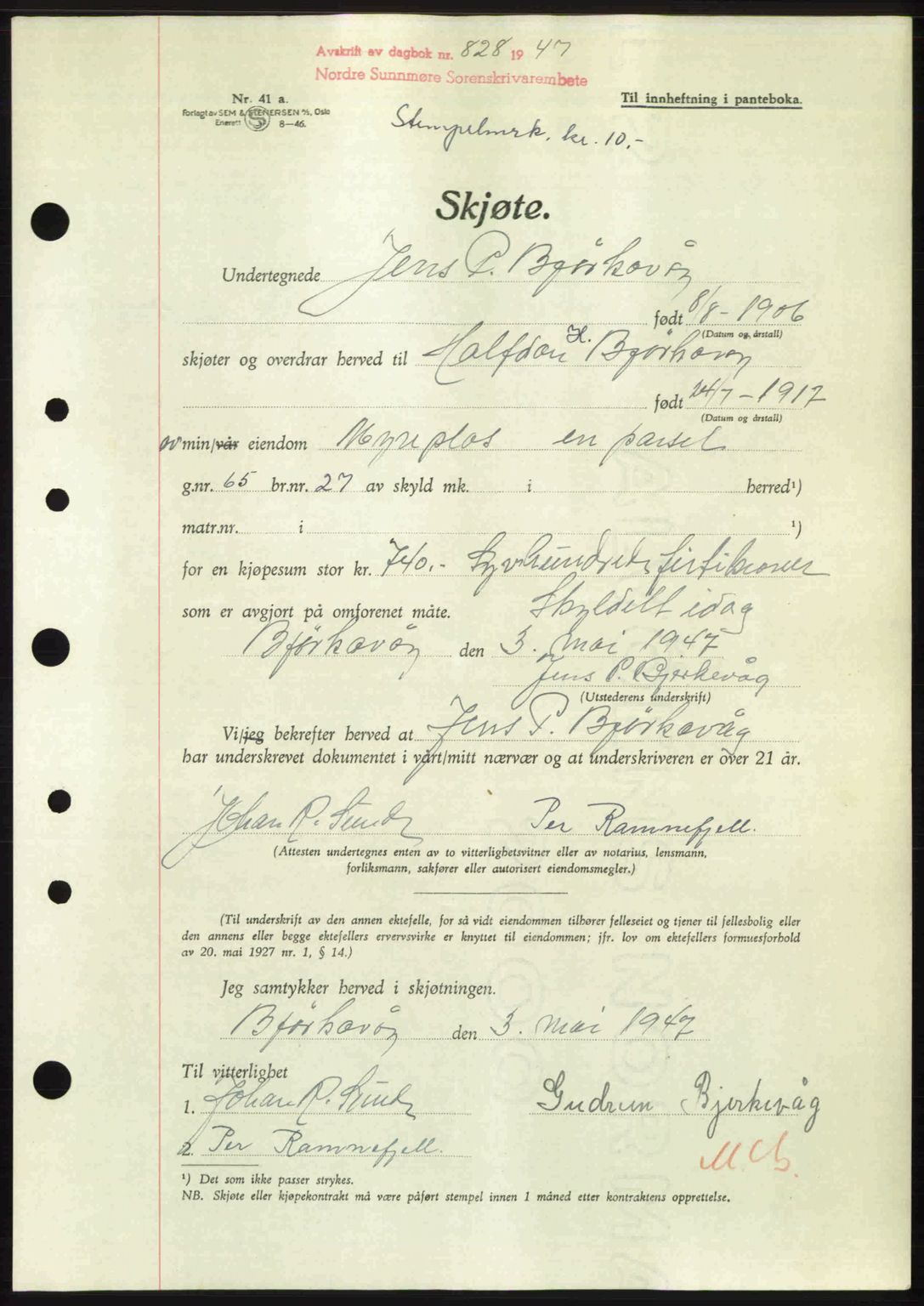 Nordre Sunnmøre sorenskriveri, AV/SAT-A-0006/1/2/2C/2Ca: Mortgage book no. A24, 1947-1947, Diary no: : 828/1947