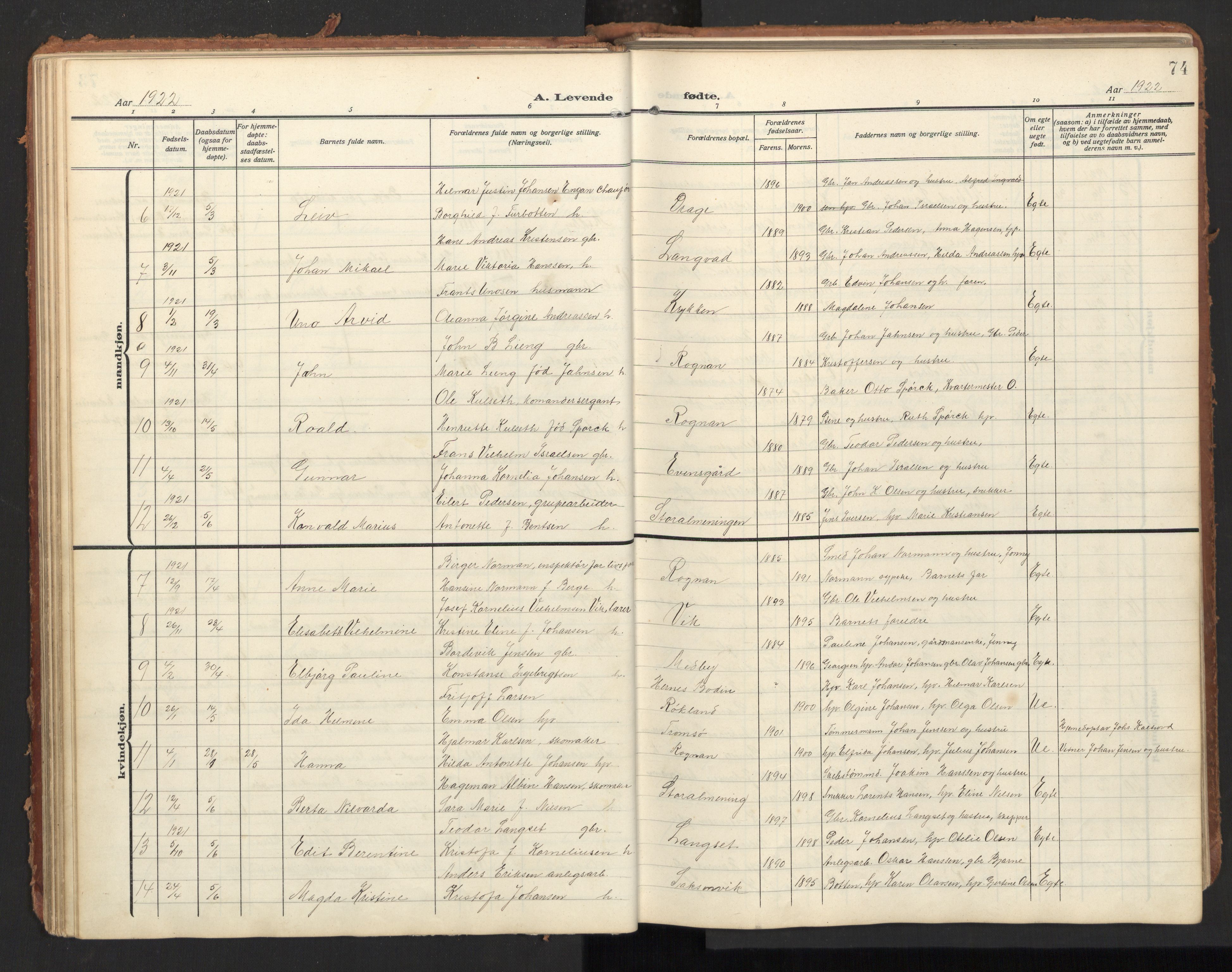Ministerialprotokoller, klokkerbøker og fødselsregistre - Nordland, SAT/A-1459/847/L0683: Parish register (copy) no. 847C11, 1908-1929, p. 74