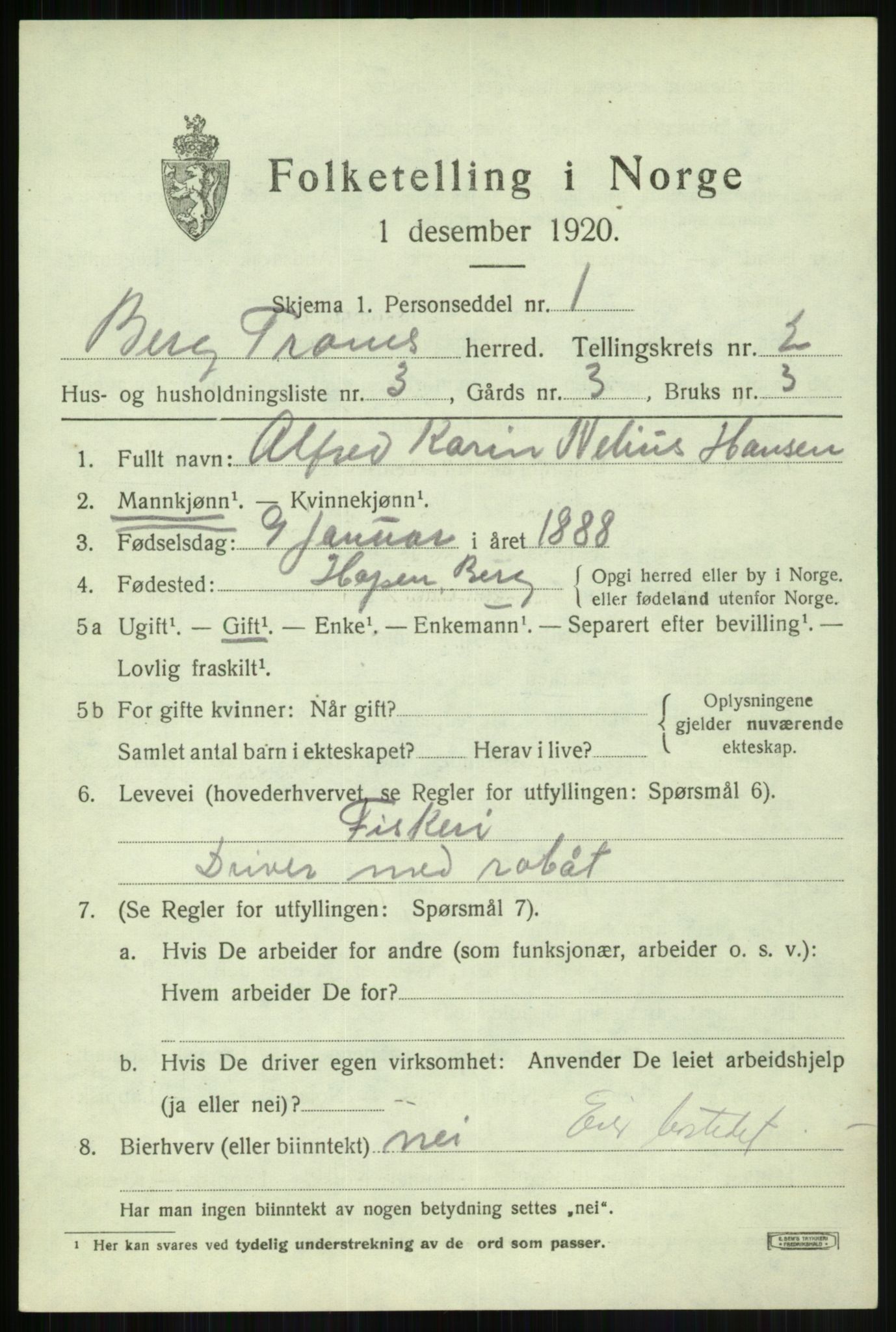 SATØ, 1920 census for Berg, 1920, p. 837