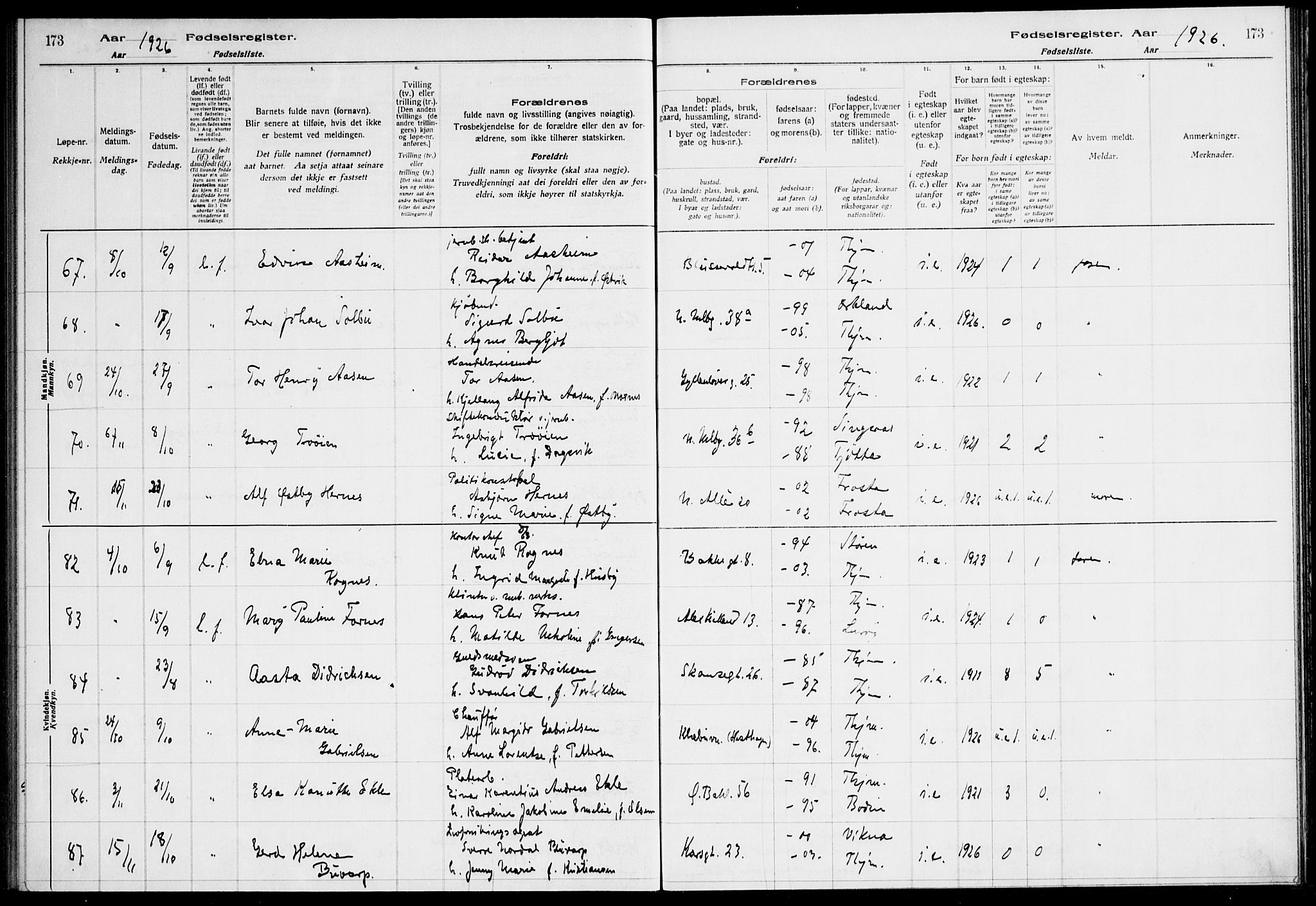 Ministerialprotokoller, klokkerbøker og fødselsregistre - Sør-Trøndelag, AV/SAT-A-1456/604/L0233: Birth register no. 604.II.4.2, 1920-1928, p. 173