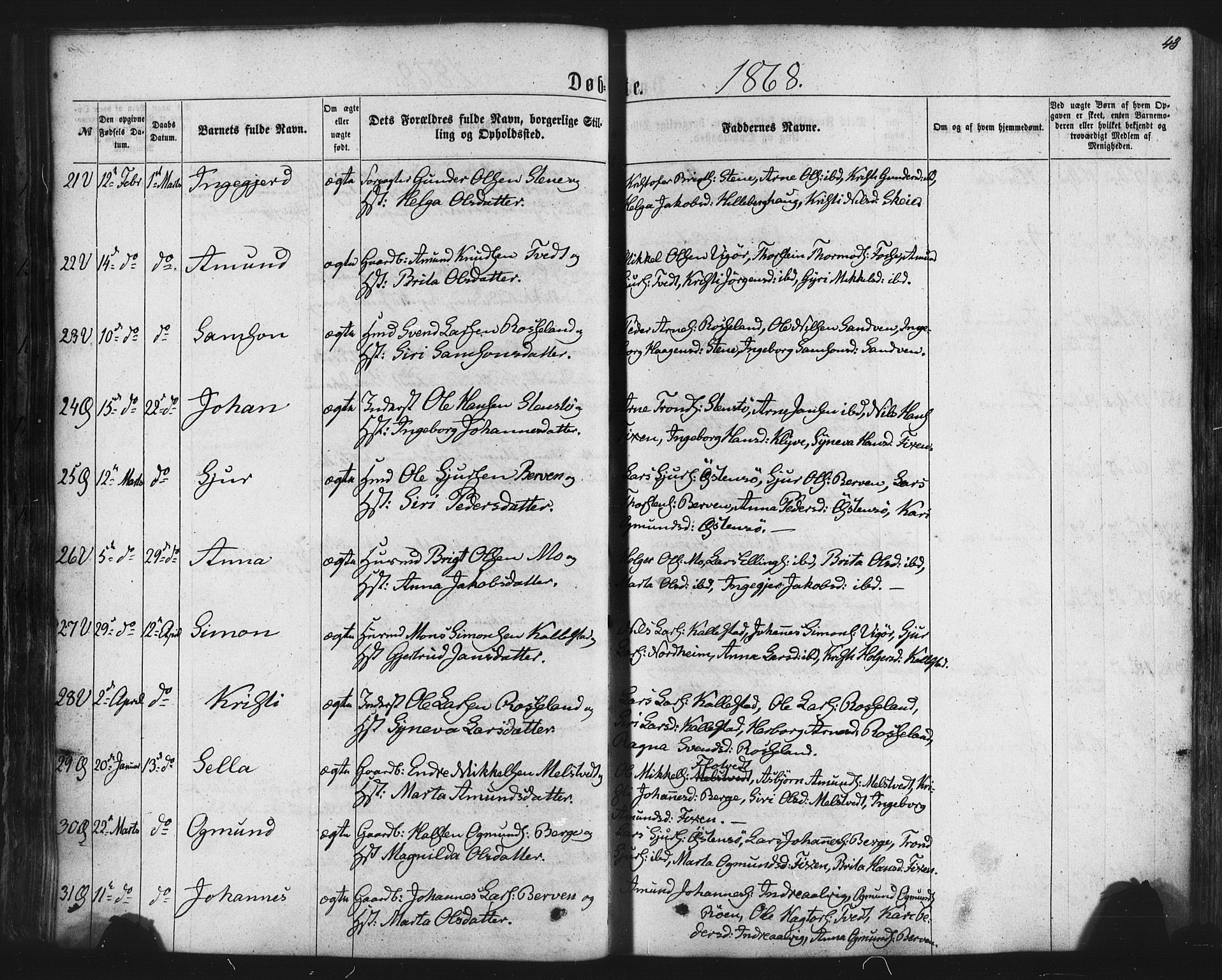 Kvam sokneprestembete, SAB/A-76201/H/Haa: Parish register (official) no. A 9, 1864-1879, p. 43