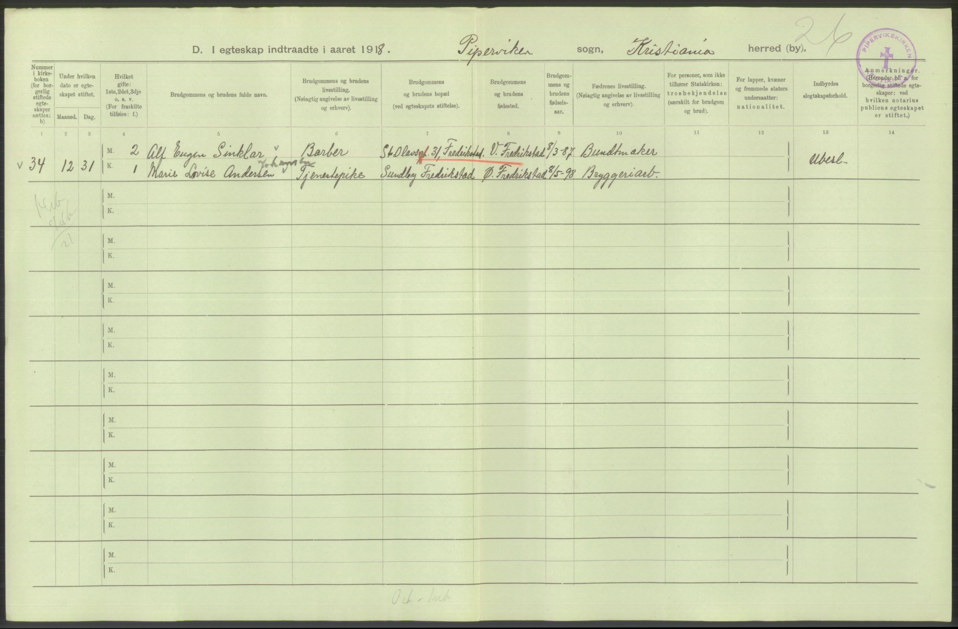 Statistisk sentralbyrå, Sosiodemografiske emner, Befolkning, AV/RA-S-2228/D/Df/Dfb/Dfbh/L0009: Kristiania: Gifte, 1918, p. 1090