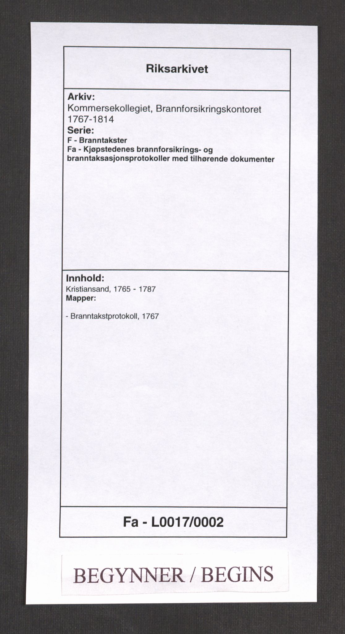 Kommersekollegiet, Brannforsikringskontoret 1767-1814, RA/EA-5458/F/Fa/L0017/0002: Kristiansand / Branntakstprotokoll, 1767
