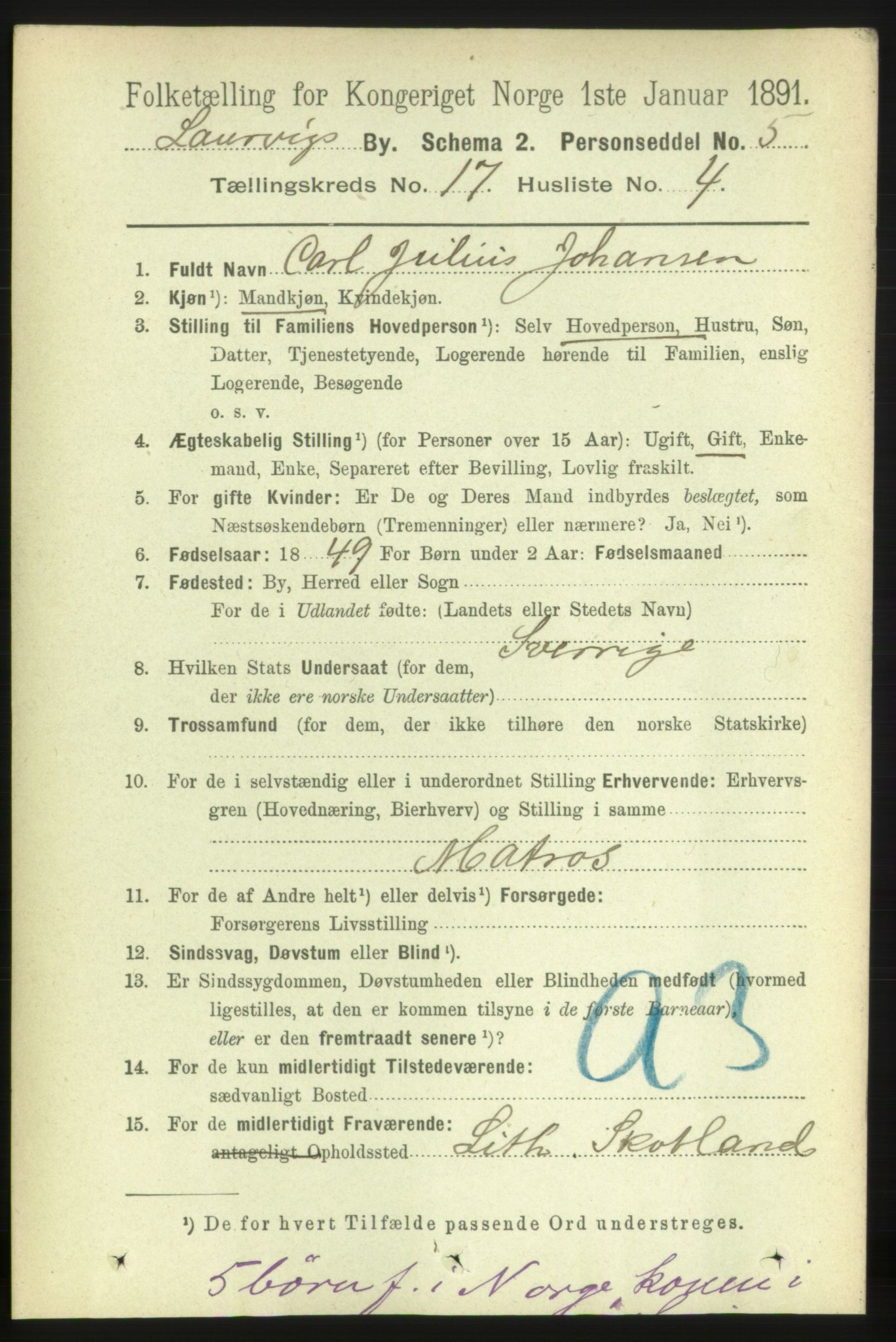 RA, 1891 census for 0707 Larvik, 1891, p. 12358