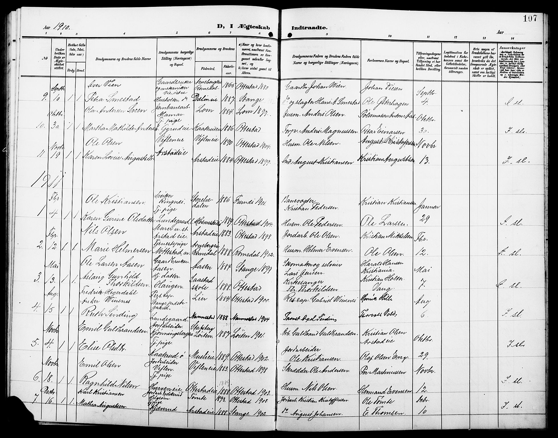 Stange prestekontor, SAH/PREST-002/L/L0013: Parish register (copy) no. 13, 1906-1915, p. 107