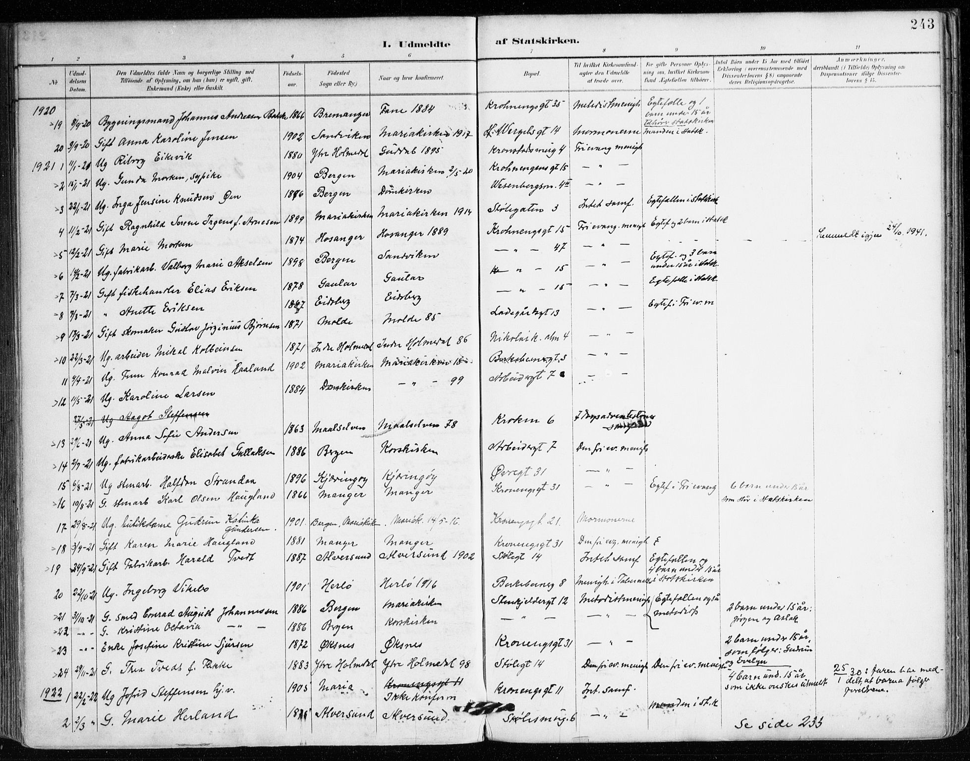 Mariakirken Sokneprestembete, SAB/A-76901/H/Haa/L0008: Parish register (official) no. A 8, 1893-1942, p. 243
