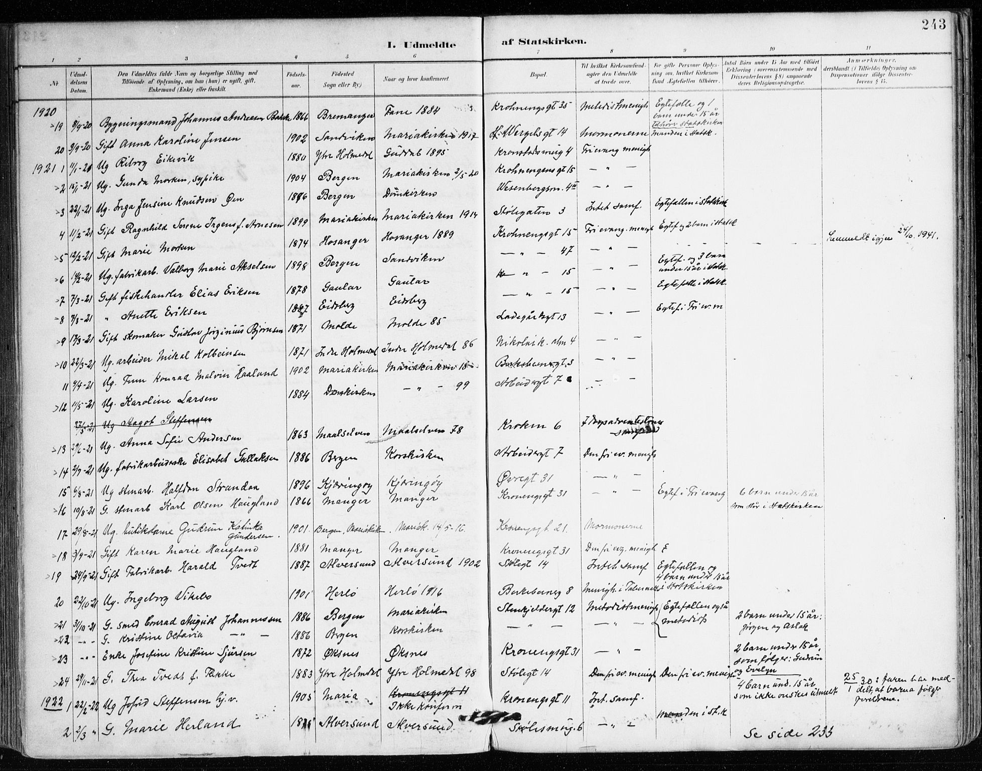 Mariakirken Sokneprestembete, AV/SAB-A-76901/H/Haa/L0008: Parish register (official) no. A 8, 1893-1942, p. 243