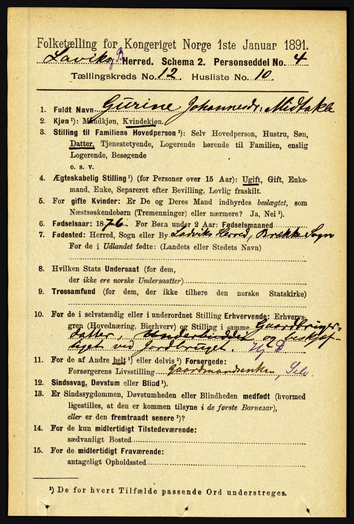 RA, 1891 census for 1415 Lavik og Brekke, 1891, p. 2417