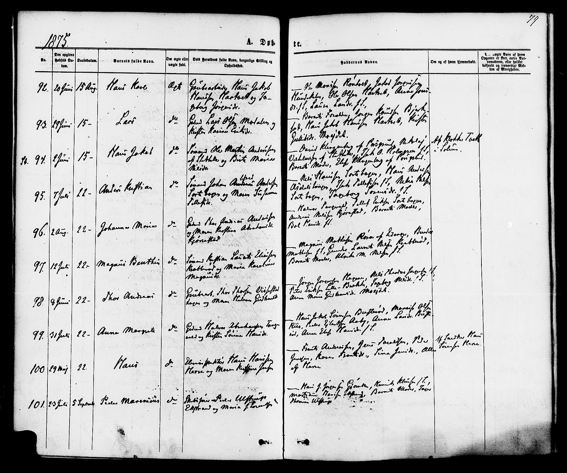 Bamble kirkebøker, AV/SAKO-A-253/F/Fa/L0006: Parish register (official) no. I 6, 1869-1877, p. 79