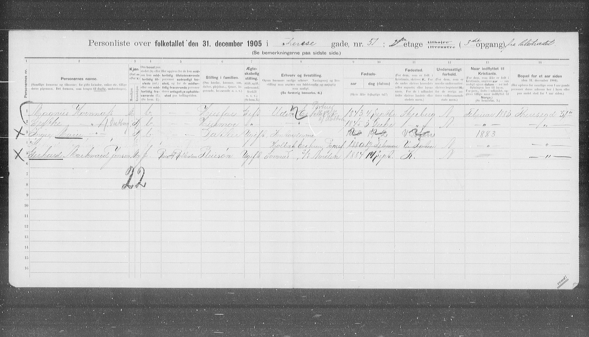 OBA, Municipal Census 1905 for Kristiania, 1905, p. 57007