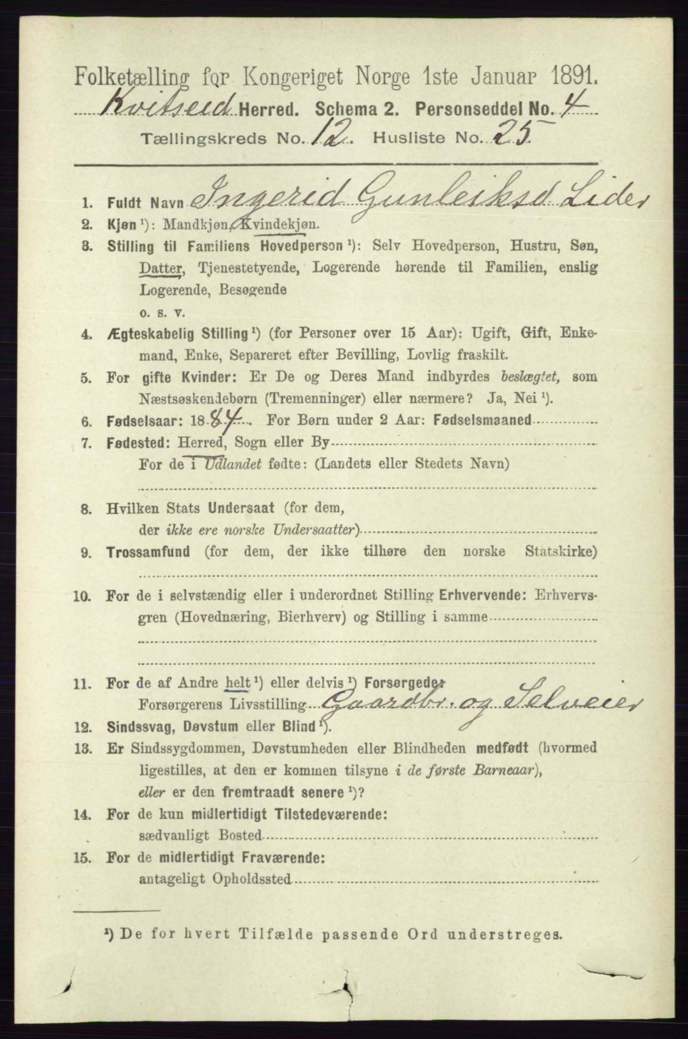 RA, 1891 census for 0829 Kviteseid, 1891, p. 3029