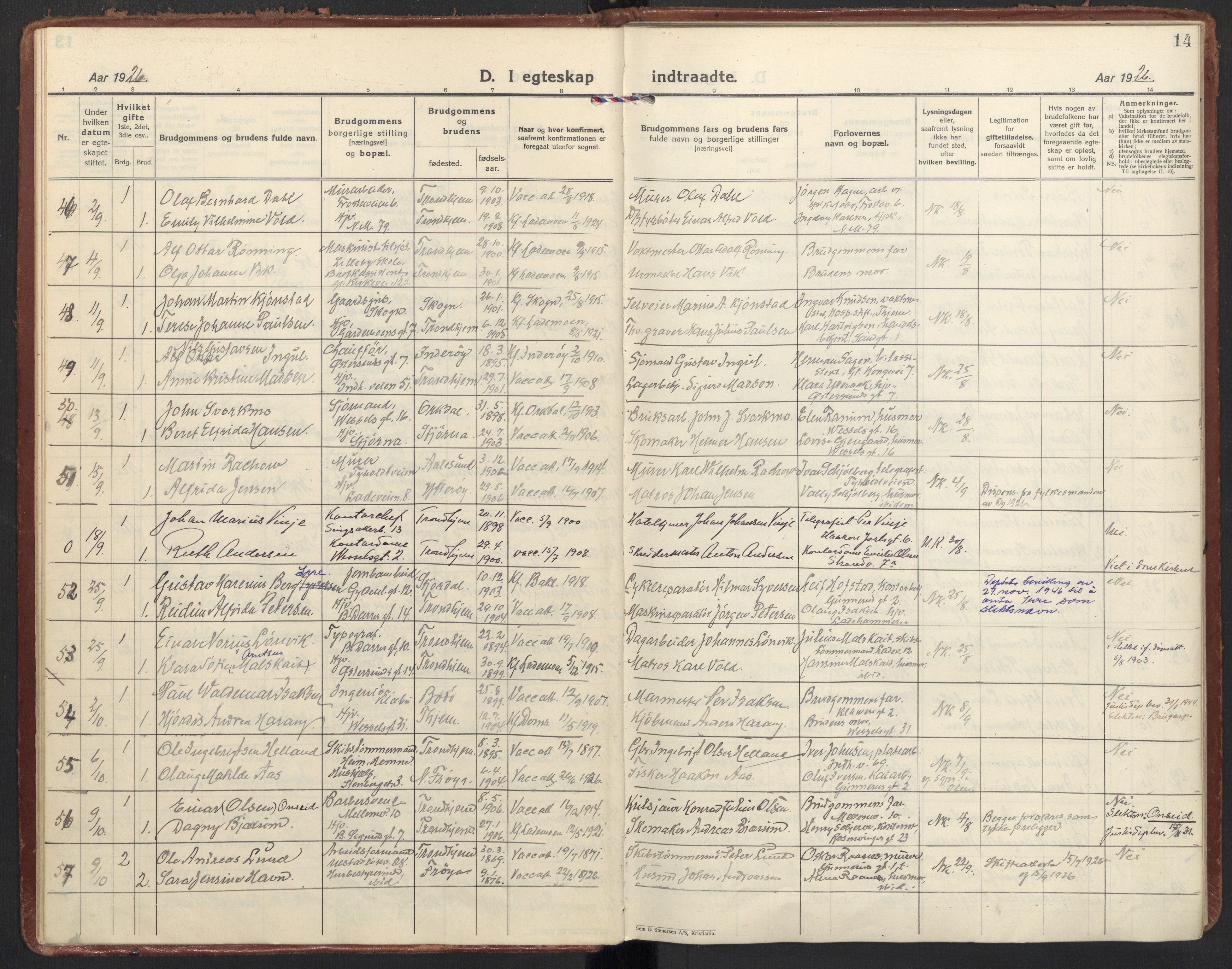 Ministerialprotokoller, klokkerbøker og fødselsregistre - Sør-Trøndelag, AV/SAT-A-1456/605/L0249: Parish register (official) no. 605A11, 1925-1936, p. 14