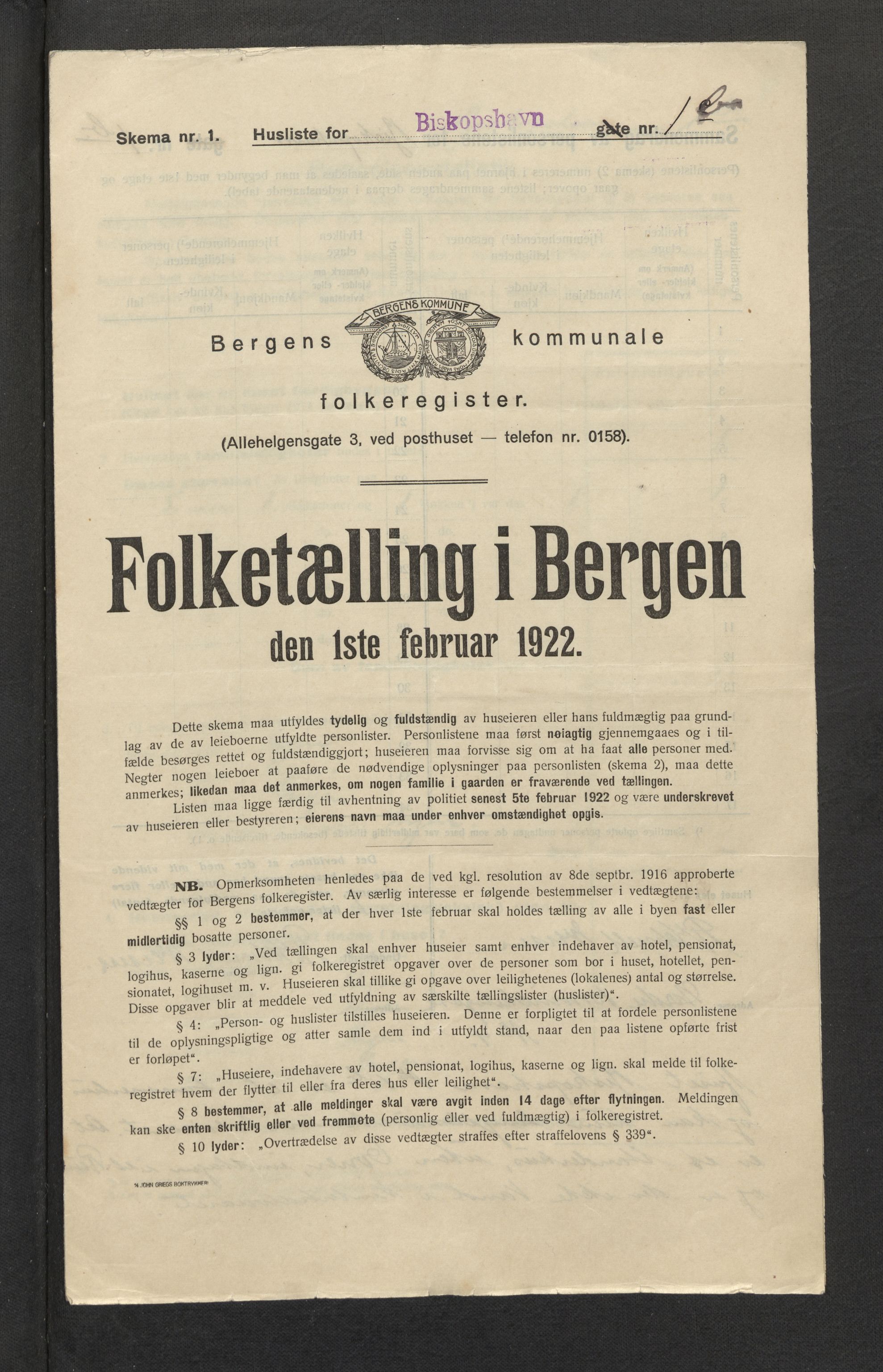 SAB, Municipal Census 1922 for Bergen, 1922, p. 2765