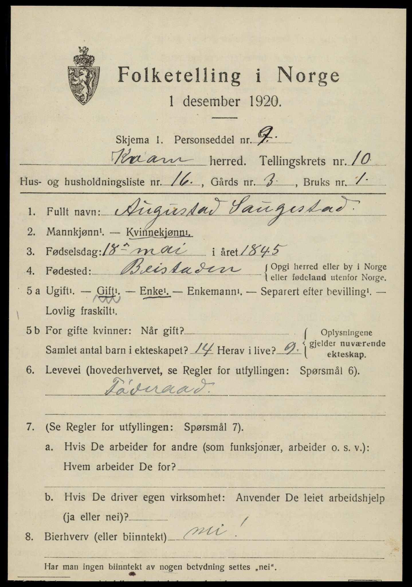 SAT, 1920 census for Kvam, 1920, p. 2709