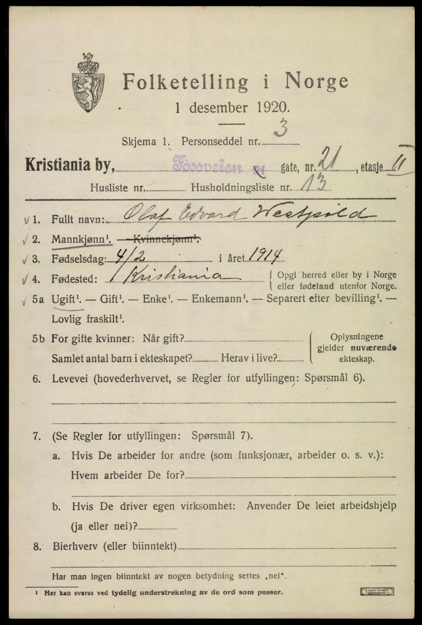 SAO, 1920 census for Kristiania, 1920, p. 232301