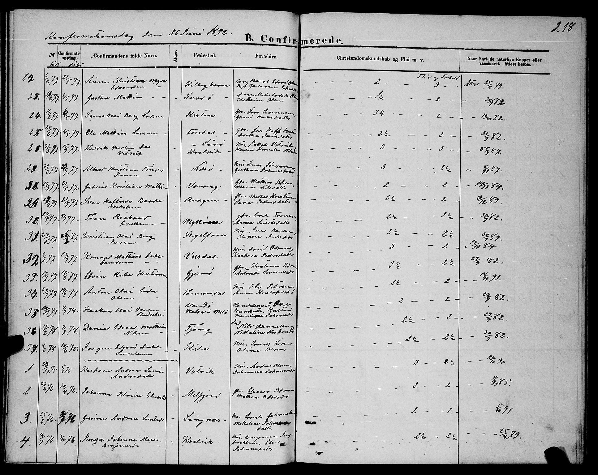 Ministerialprotokoller, klokkerbøker og fødselsregistre - Nordland, AV/SAT-A-1459/841/L0620: Parish register (copy) no. 841C04, 1877-1896, p. 218