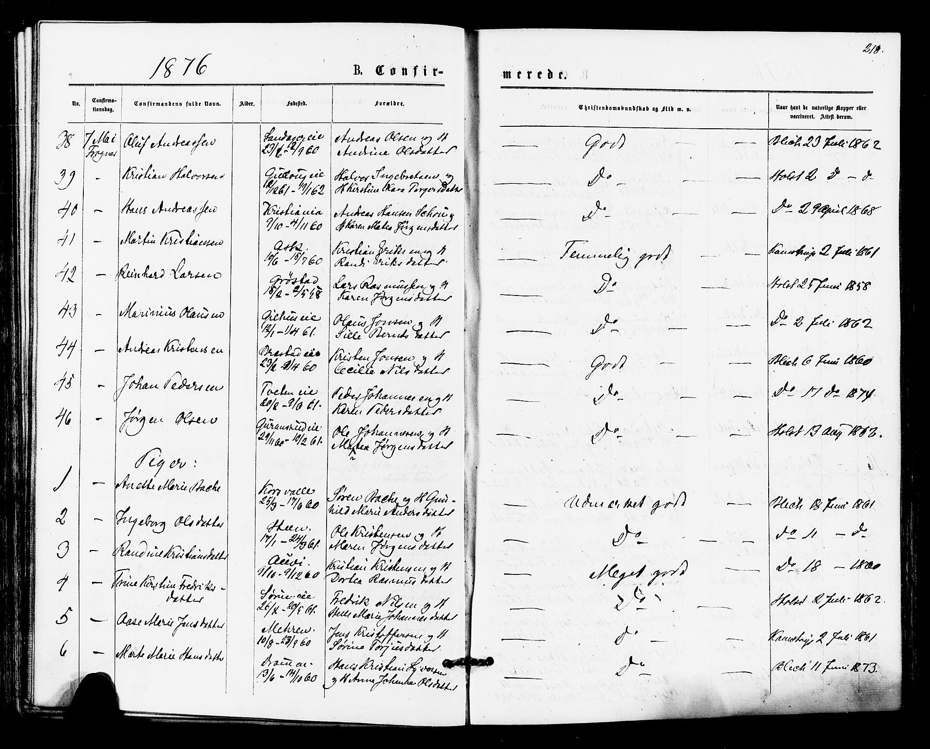 Lier kirkebøker, AV/SAKO-A-230/F/Fa/L0014: Parish register (official) no. I 14, 1875-1882, p. 218