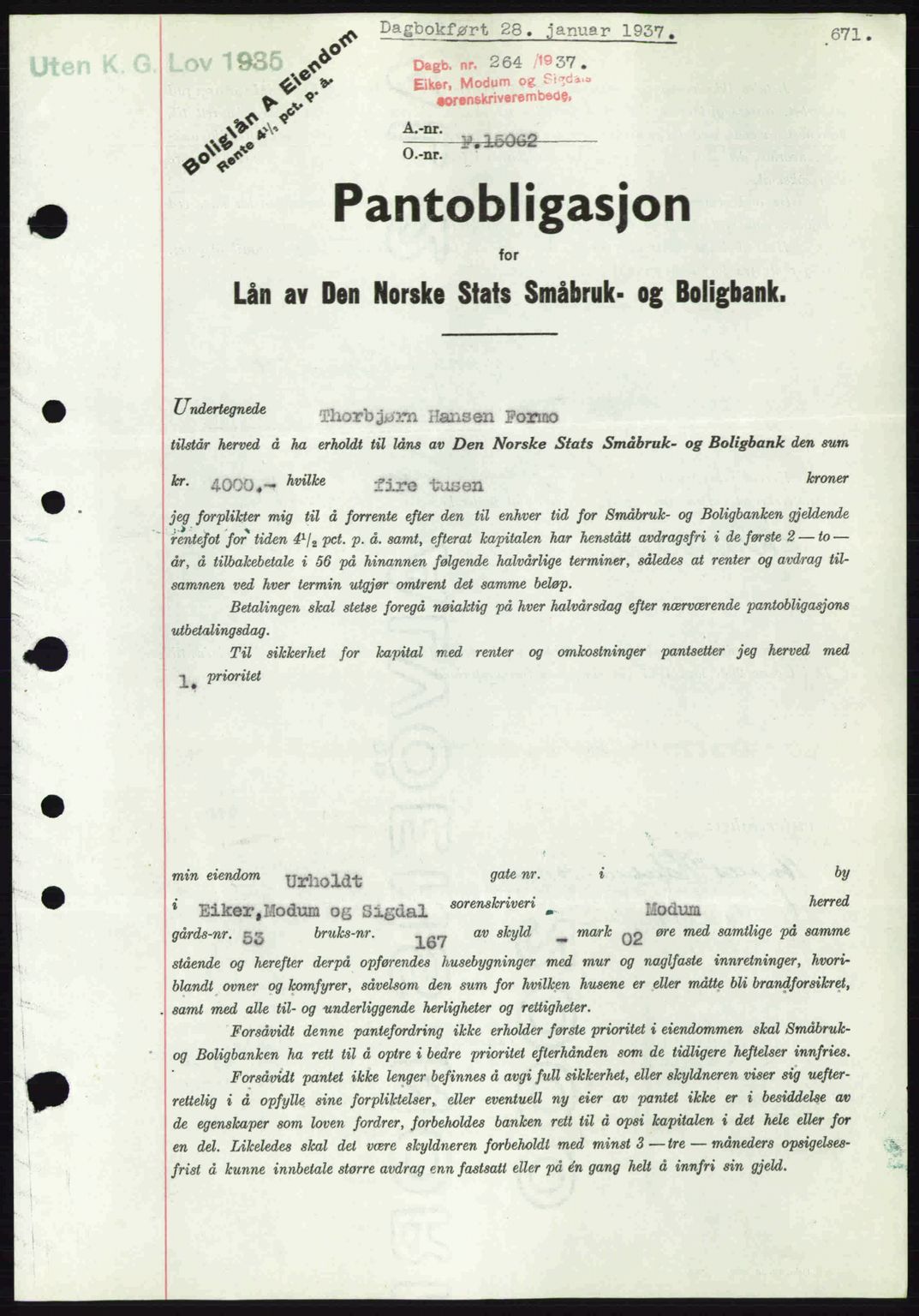 Eiker, Modum og Sigdal sorenskriveri, SAKO/A-123/G/Ga/Gab/L0034: Mortgage book no. A4, 1936-1937, Diary no: : 264/1937