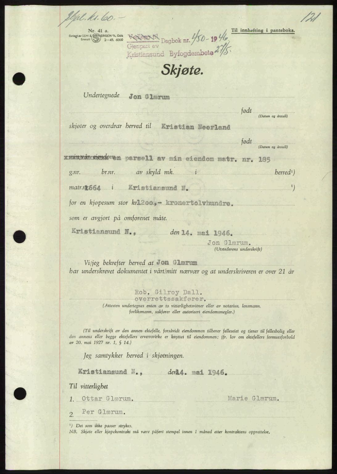 Kristiansund byfogd, AV/SAT-A-4587/A/27: Mortgage book no. 39b, 1946-1947, Diary no: : 450/1946