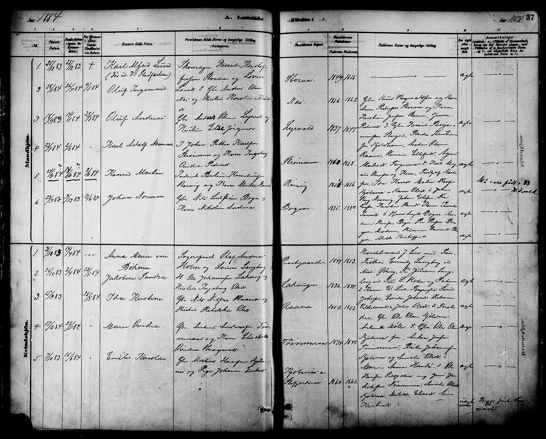 Ministerialprotokoller, klokkerbøker og fødselsregistre - Nordland, AV/SAT-A-1459/861/L0868: Parish register (official) no. 861A03, 1879-1889, p. 37