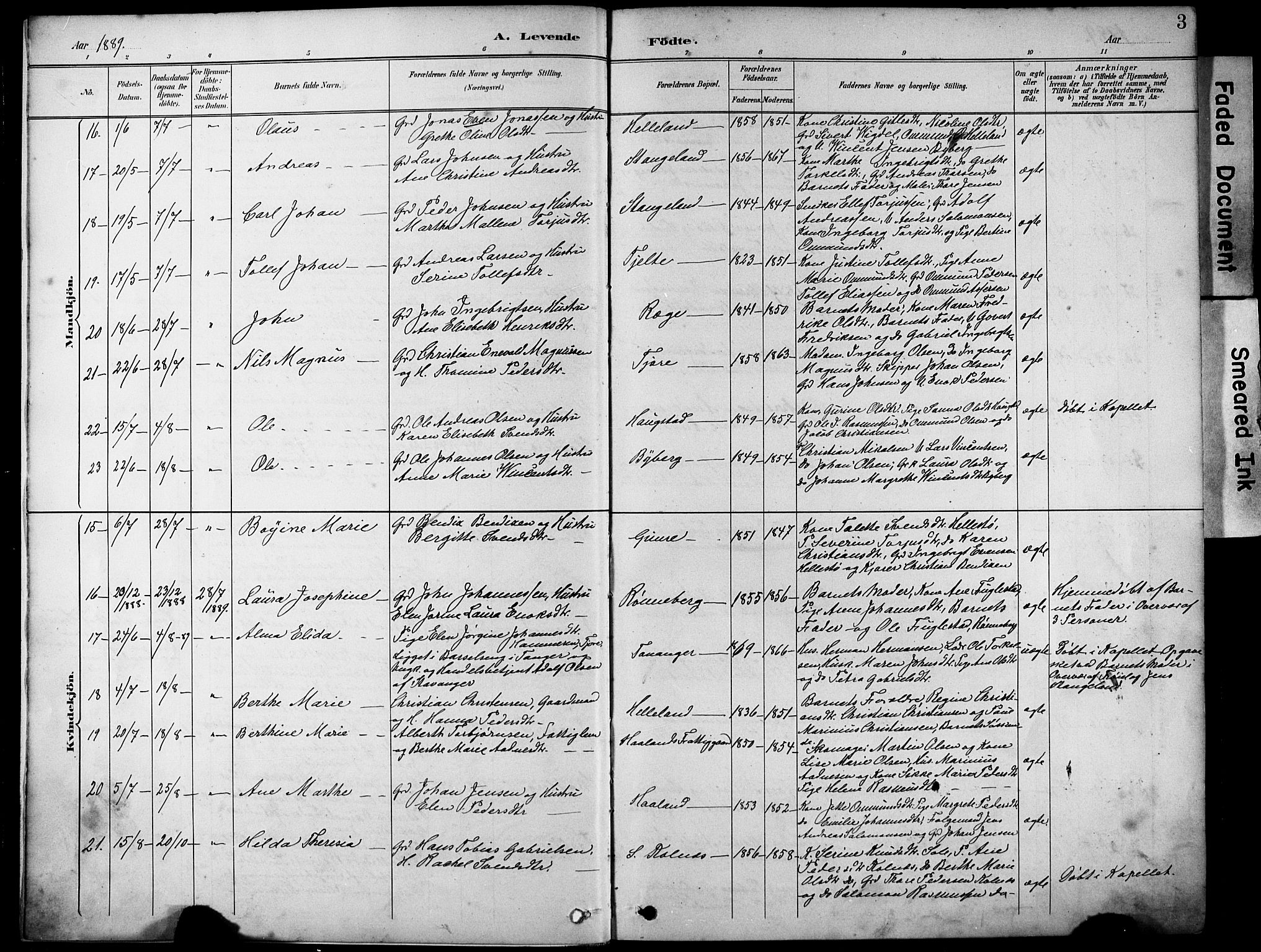 Håland sokneprestkontor, AV/SAST-A-101802/001/30BA/L0012: Parish register (official) no. A 11, 1889-1900, p. 3