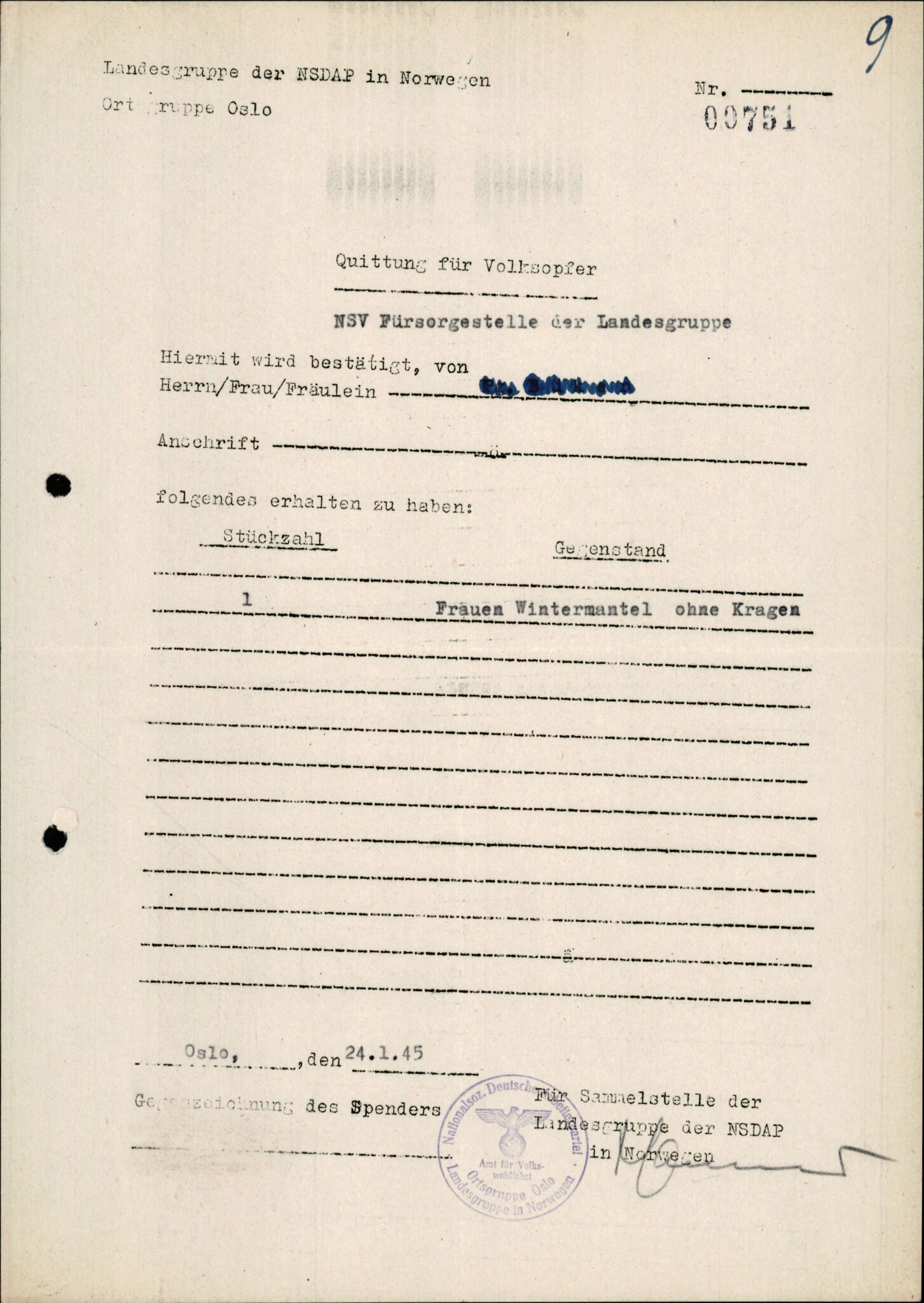Forsvarets Overkommando. 2 kontor. Arkiv 11.4. Spredte tyske arkivsaker, AV/RA-RAFA-7031/D/Dar/Darb/L0015: Reichskommissariat - NSDAP in Norwegen, 1938-1945, p. 663
