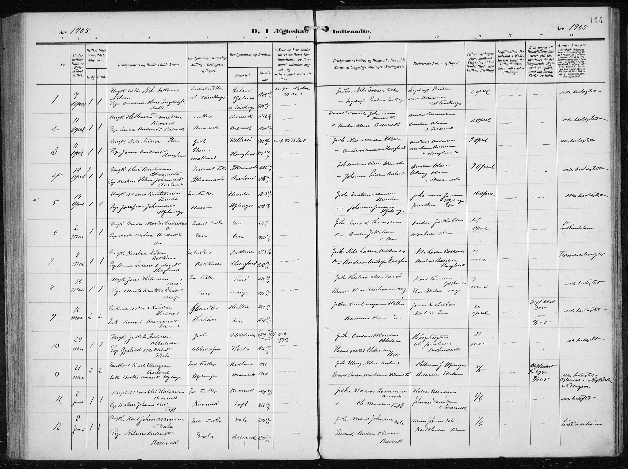Herdla Sokneprestembete, SAB/A-75701/H/Haa: Parish register (official) no. A 5, 1905-1918, p. 144