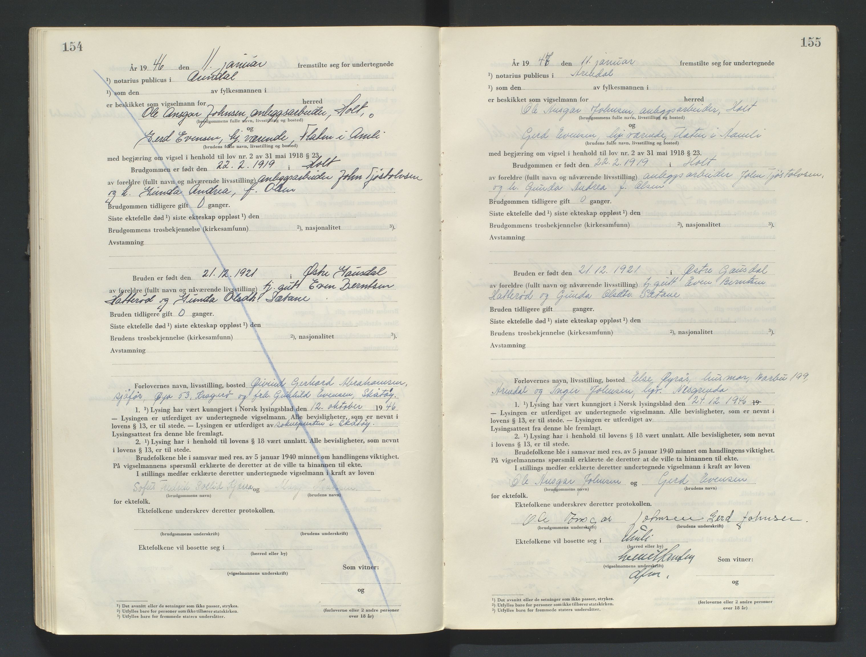 Nedenes sorenskriveri, SAK/1221-0006/L/Ld/L0002/0004: Vigselsbøker / Vigselbok, 1944-1948, p. 154-155