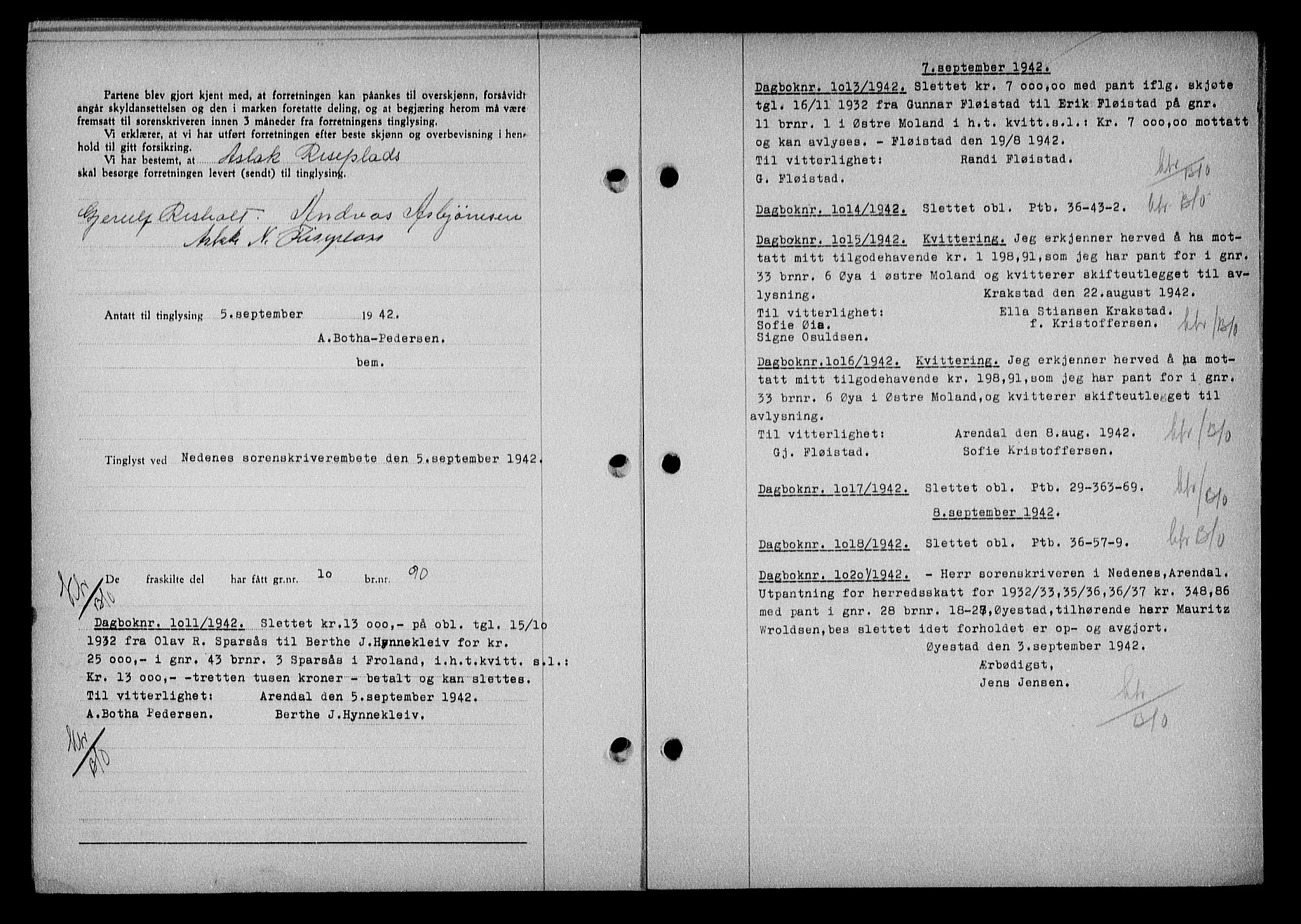 Nedenes sorenskriveri, AV/SAK-1221-0006/G/Gb/Gba/L0049: Mortgage book no. A-III, 1941-1942, Diary no: : 1011/1942