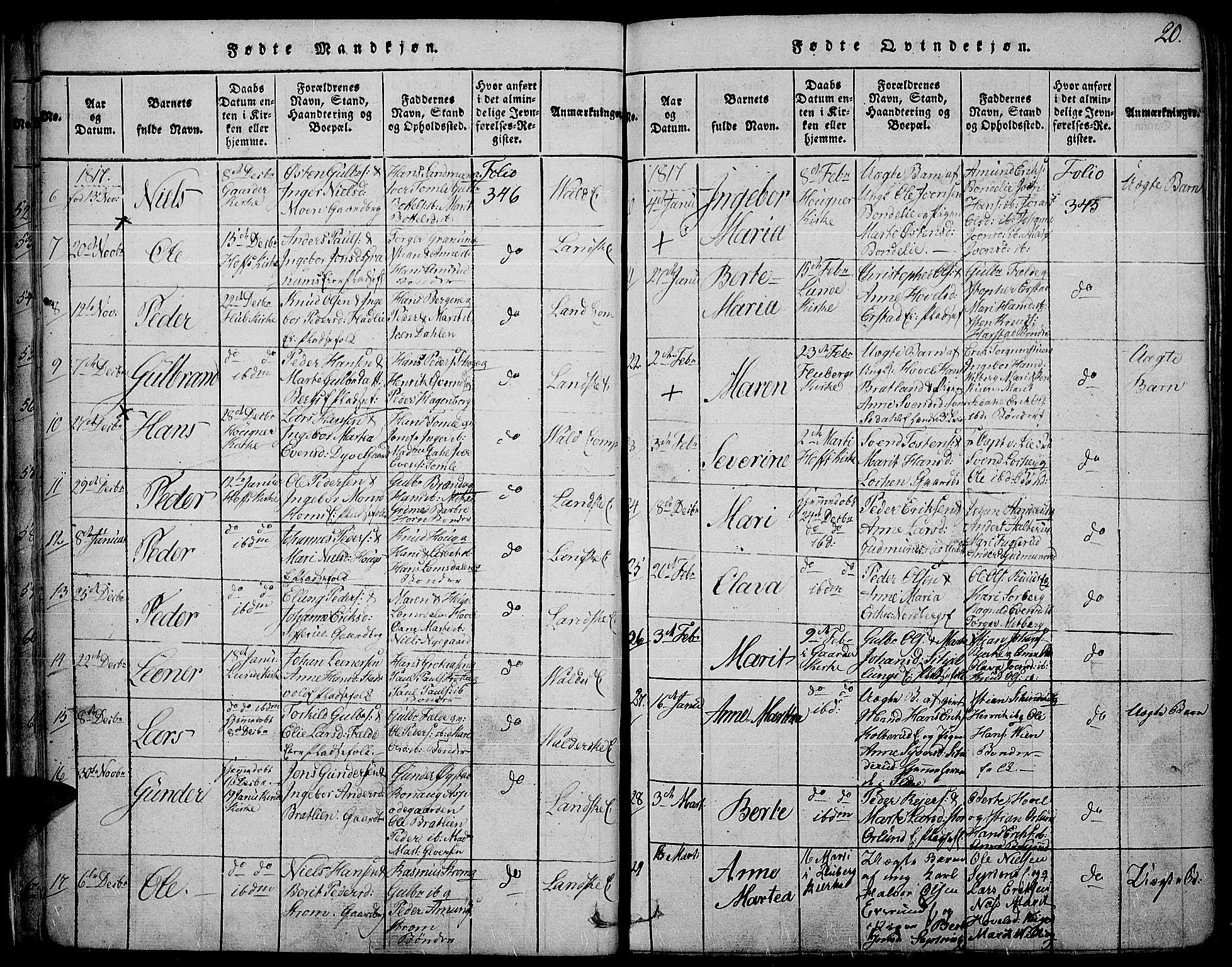 Land prestekontor, SAH/PREST-120/H/Ha/Haa/L0007: Parish register (official) no. 7, 1814-1830, p. 20