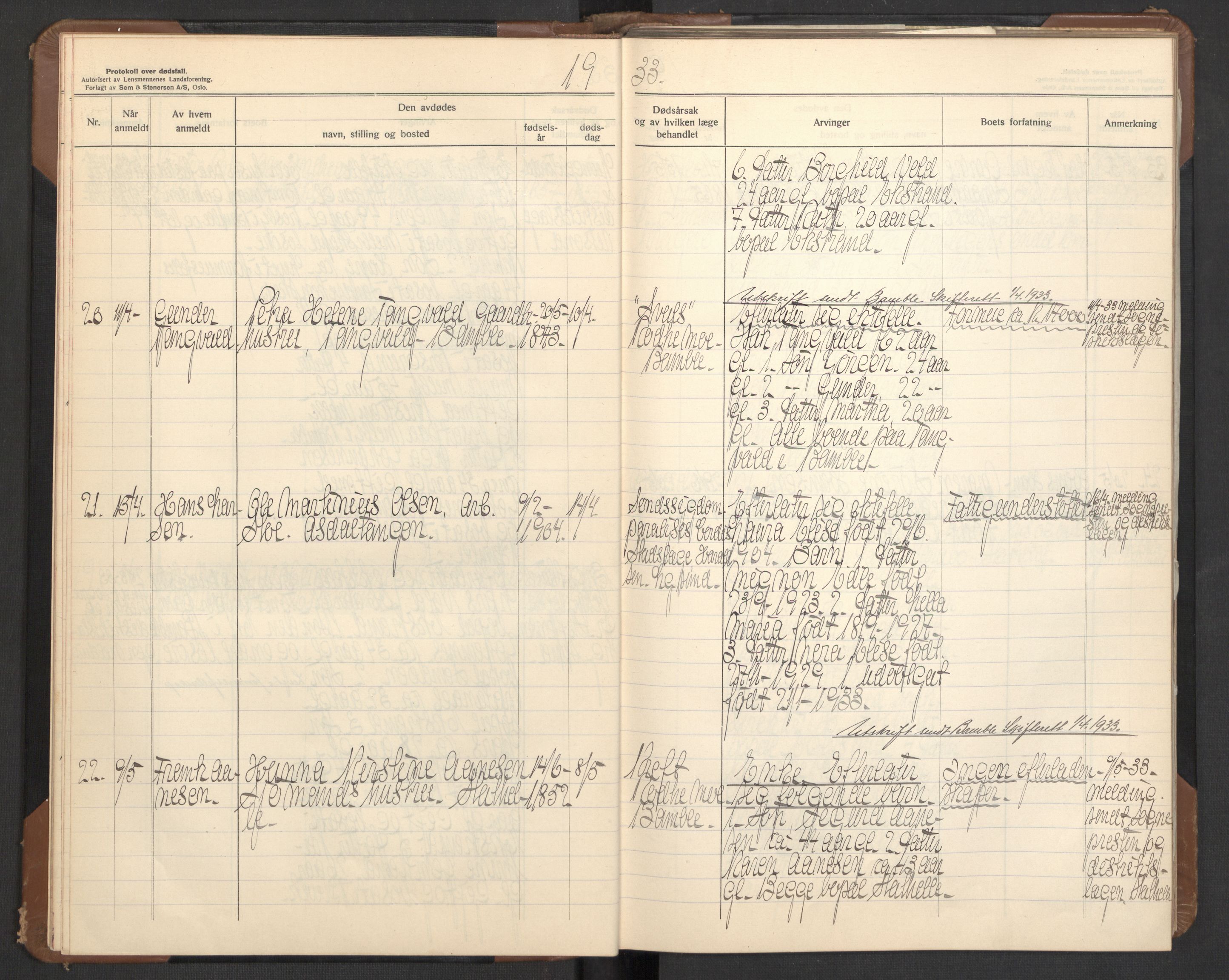 Bamble lensmannskontor, AV/SAKO-A-552/H/Ha/Haa/L0006: Dødsfallsprotokoll, 1932-1938