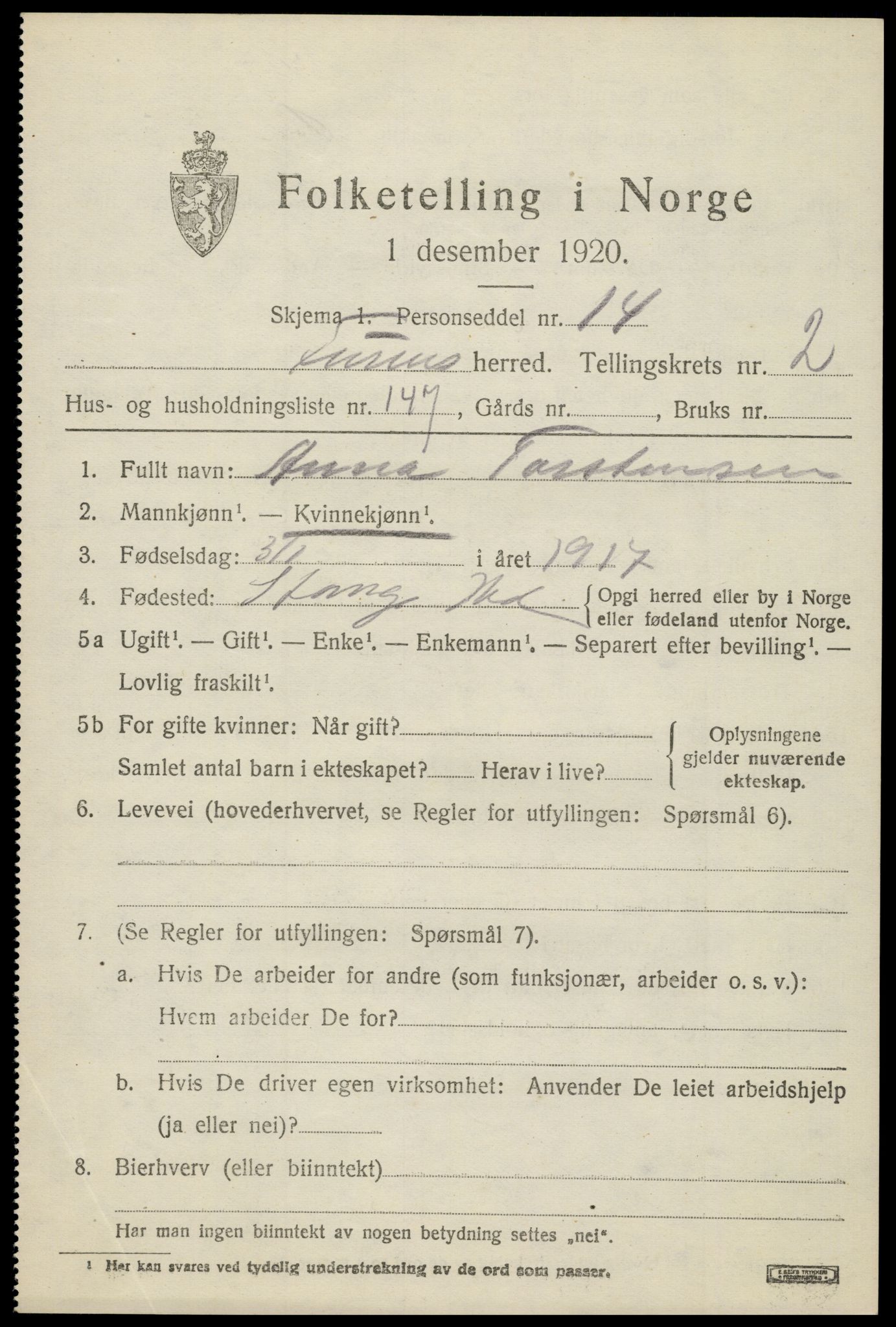 SAH, 1920 census for Furnes, 1920, p. 4823