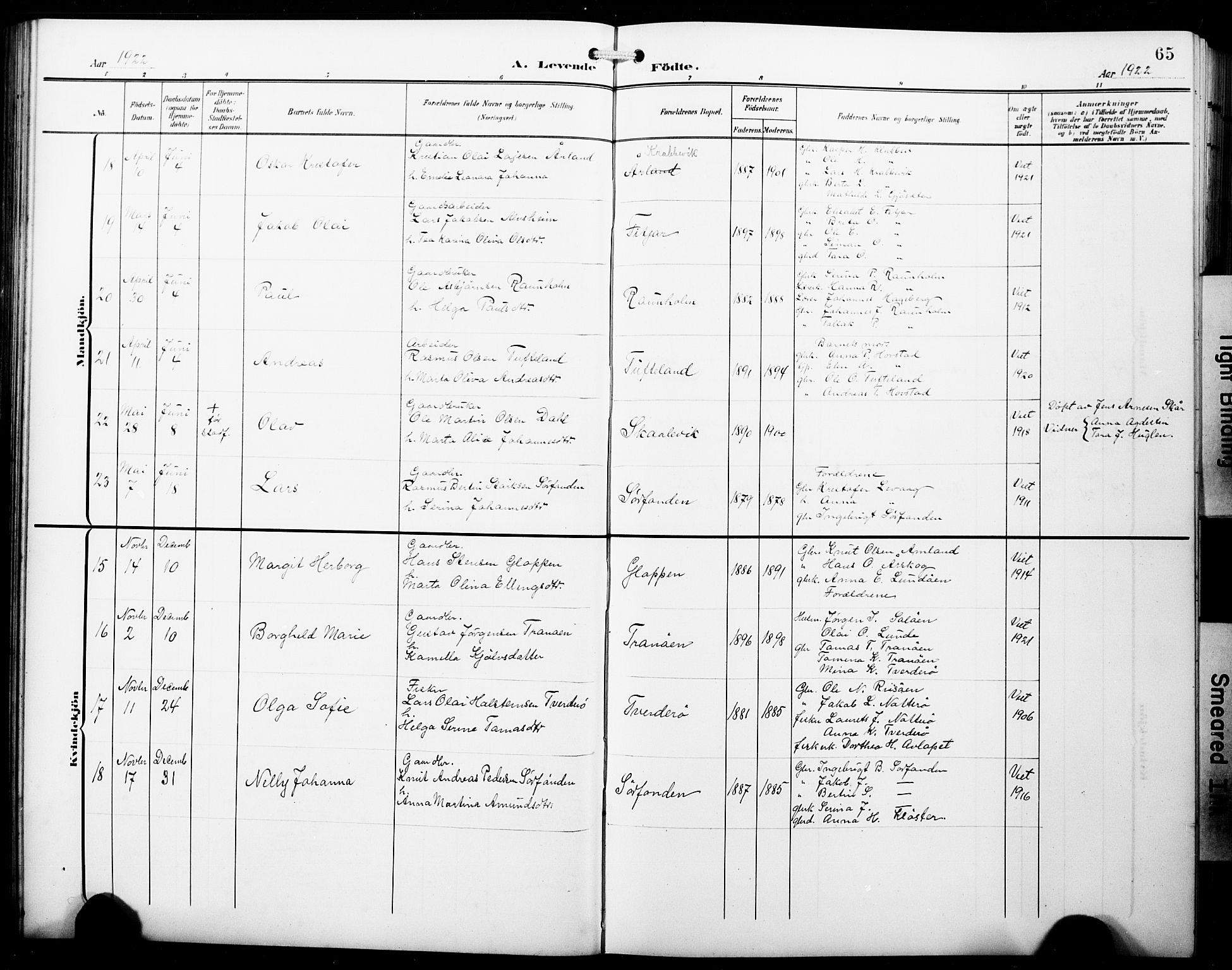 Fitjar sokneprestembete, AV/SAB-A-99926: Parish register (copy) no. B 1, 1906-1928, p. 65