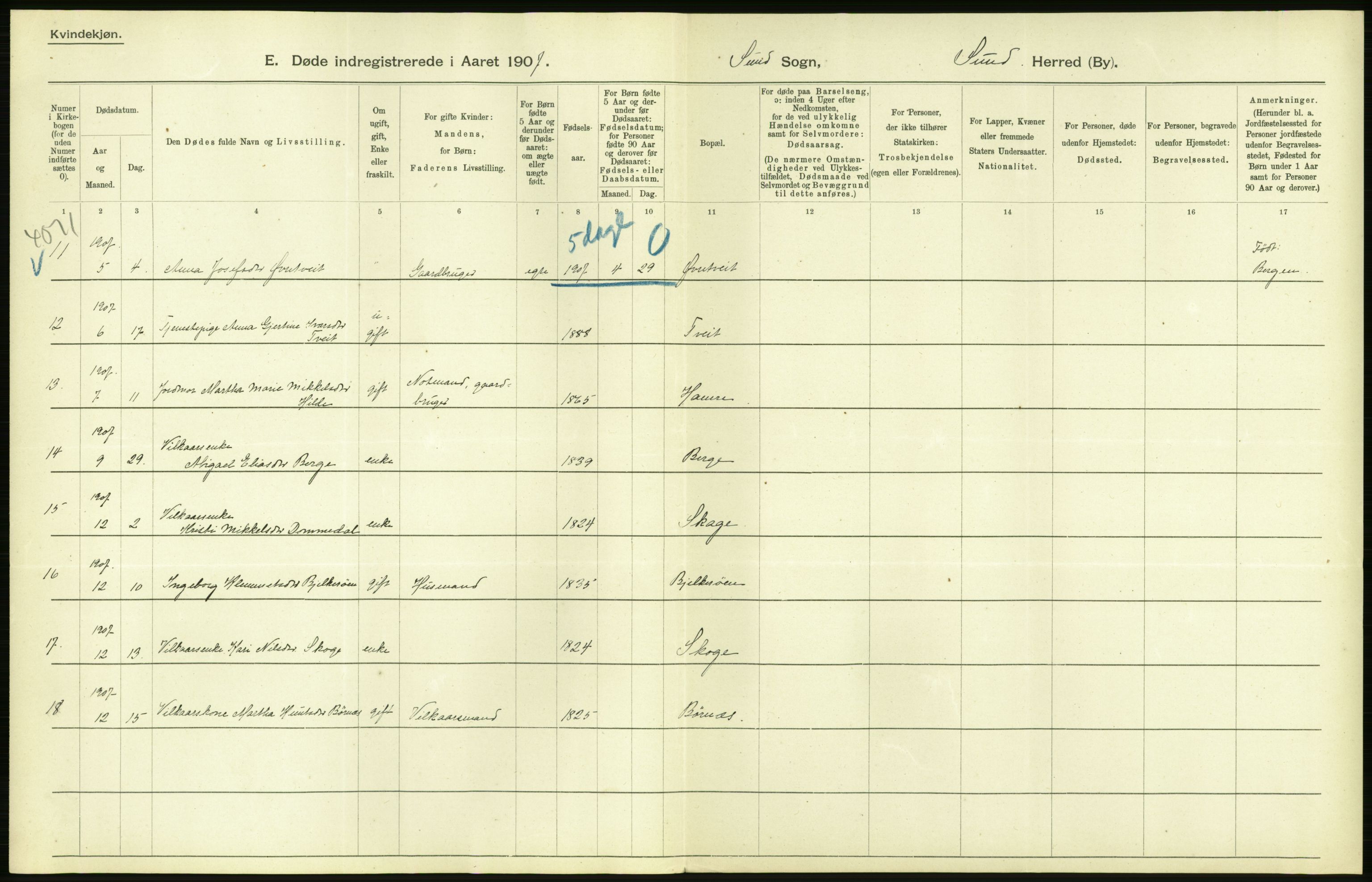 Statistisk sentralbyrå, Sosiodemografiske emner, Befolkning, AV/RA-S-2228/D/Df/Dfa/Dfae/L0028: S. Bergenhus amt: Gifte, dødfødte. Bygder., 1907, p. 38